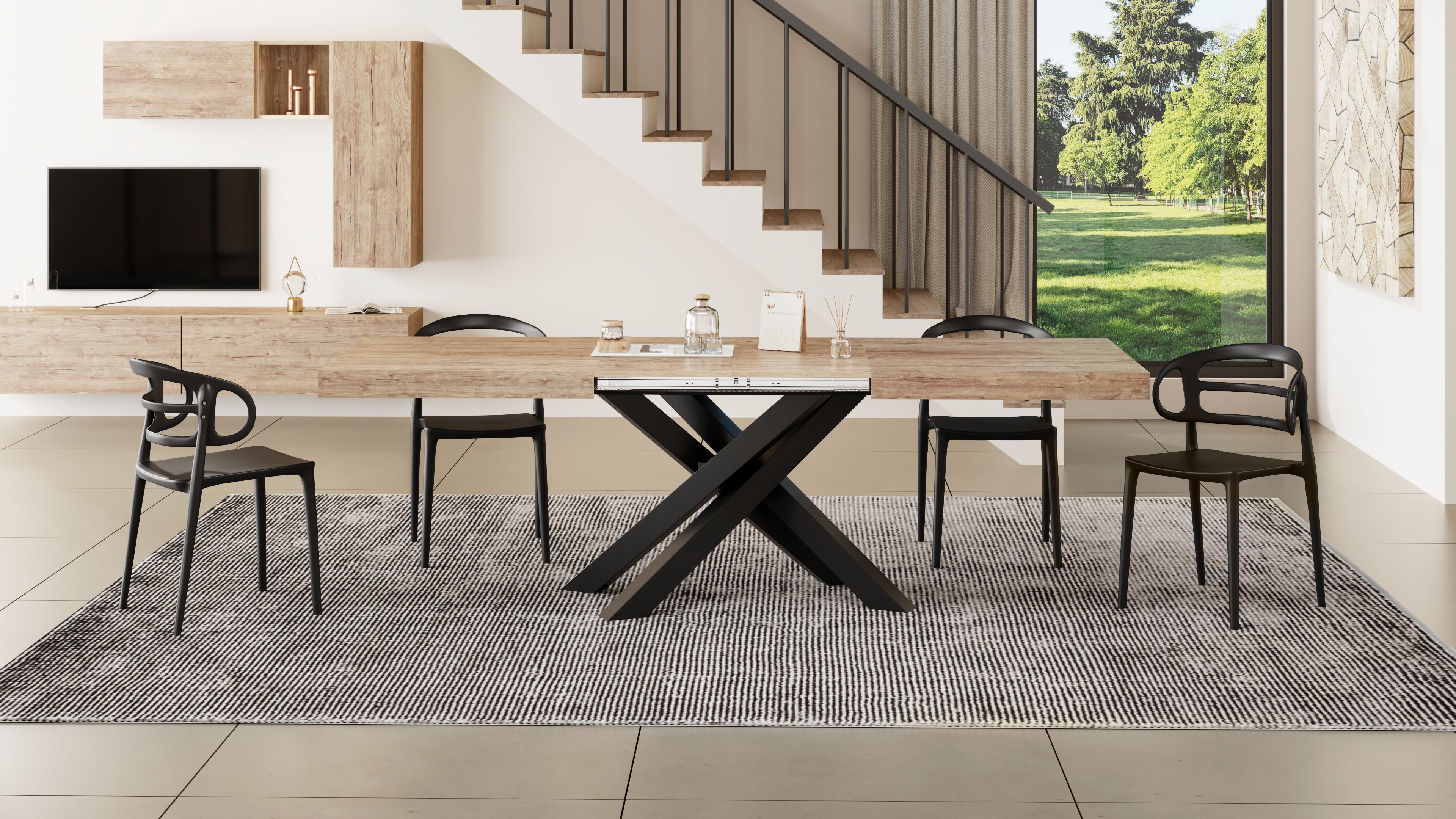Table Extensible Emma 140(220)x90 cm, Chêne naturel avec Pieds Croisés Noirs - Set image 1