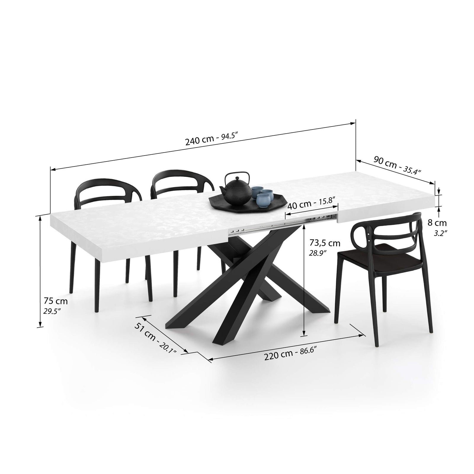 Ausziehbarer Esstisch Emma 160(240)x90 cm, Weißer Beton mit Schwarzen gekreuzten Beinen - Immagine tecnica 2