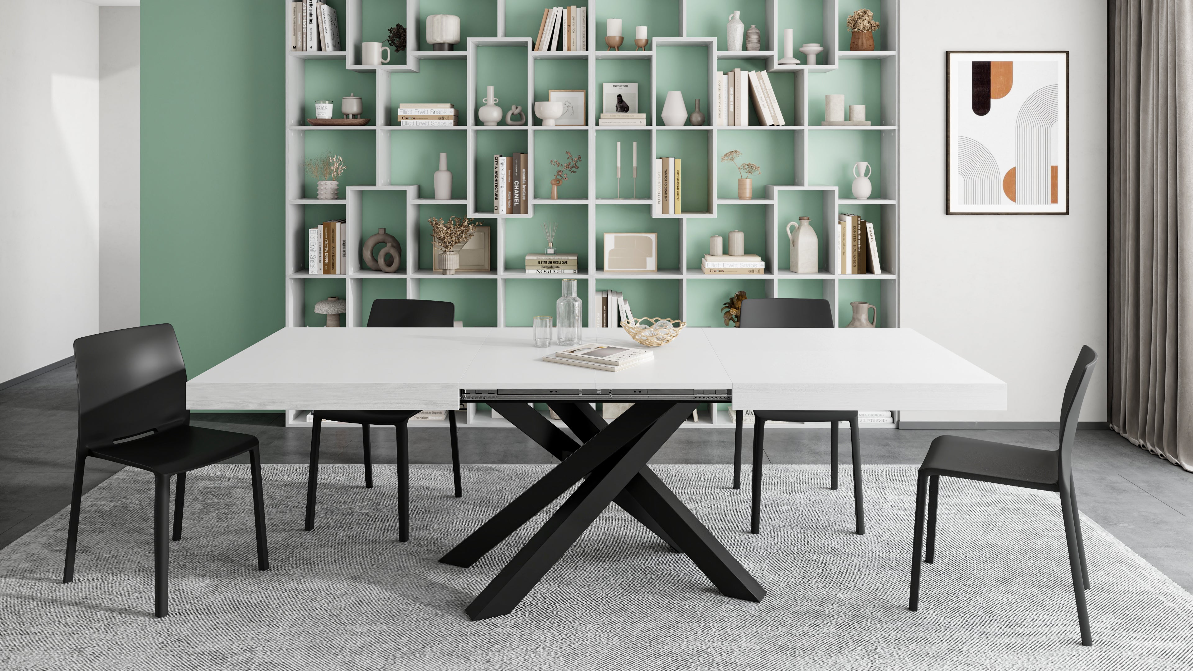 Tavolo Allungabile Emma 160(240)x90 cm, Bianco Frassino con Gambe Incrociate Nere - Immagine ambientata 1