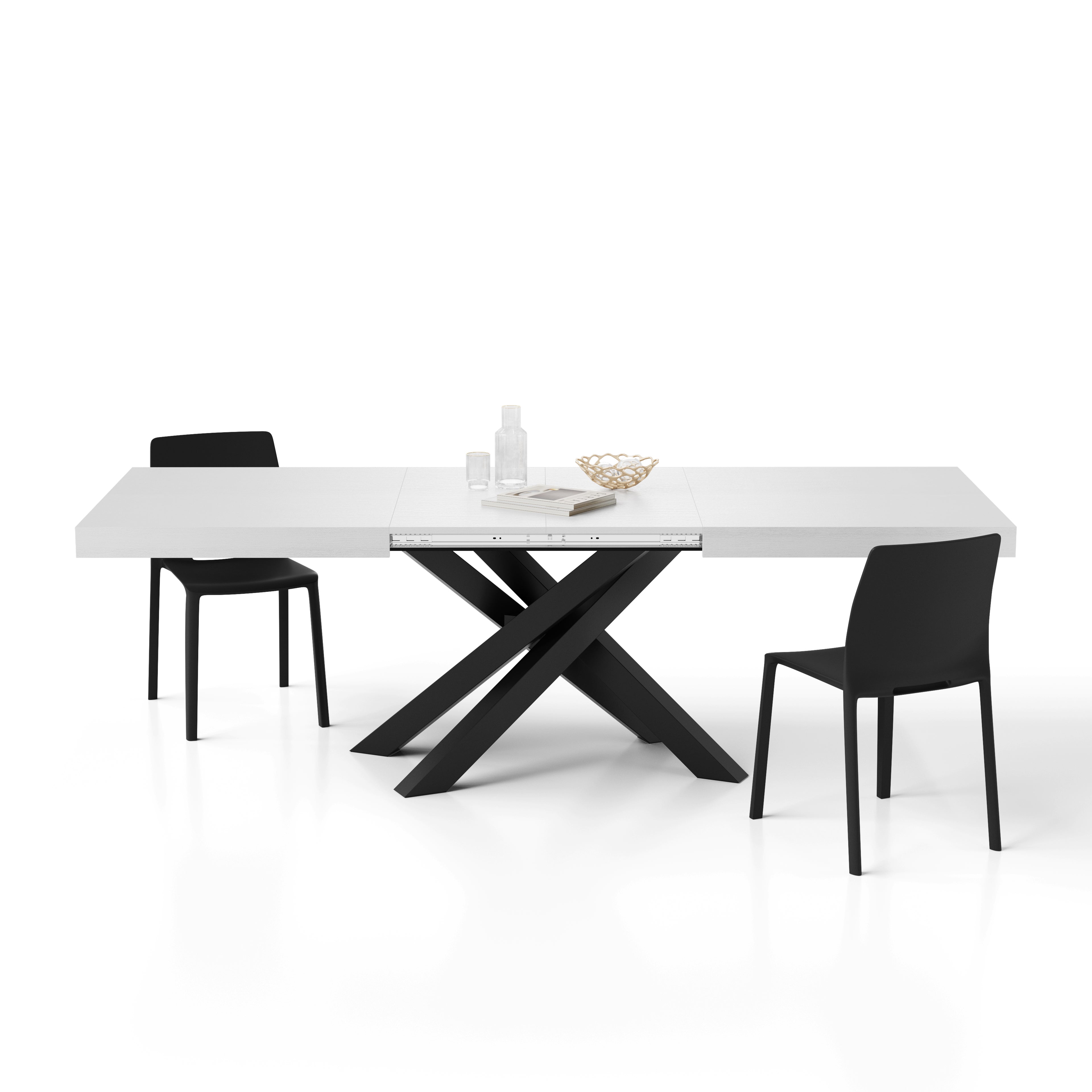 Ausziehbarer Esstisch Emma 160(240)x90 cm, Esche Weiss mit Schwarzen gekreuzten Beinen - Main image