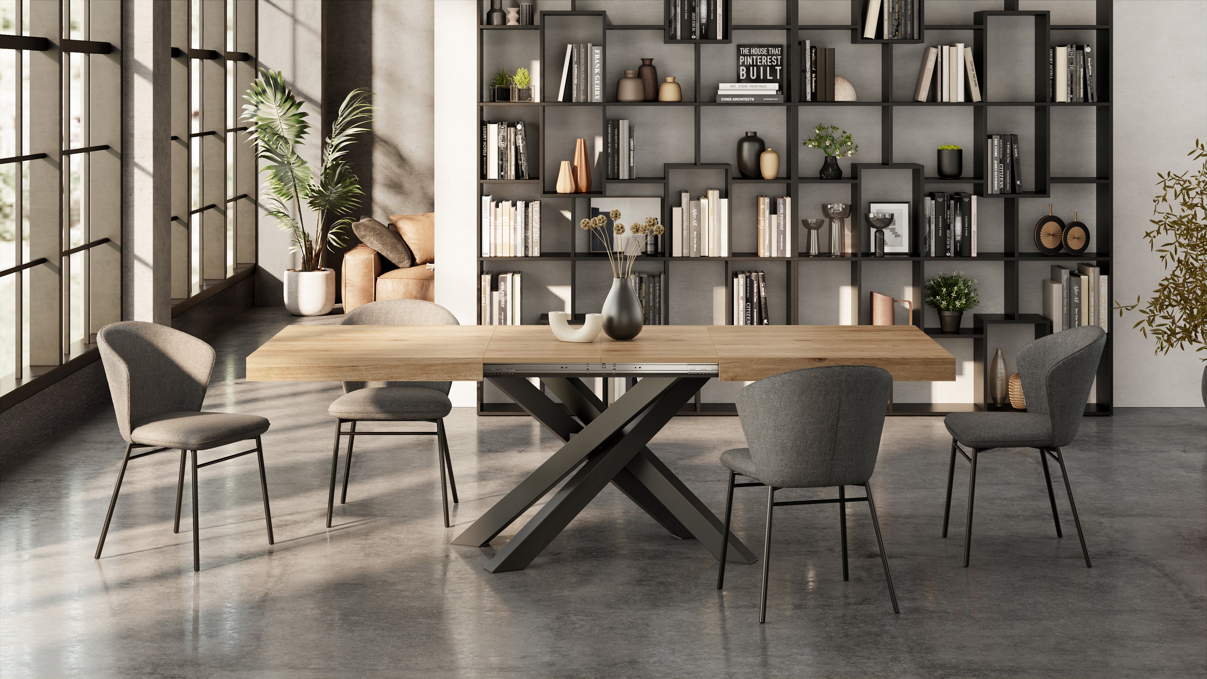 Tavolo Allungabile Emma 160(240)x90 cm, Rovere Naturale con Gambe Incrociate nere - Immagine ambientata 1