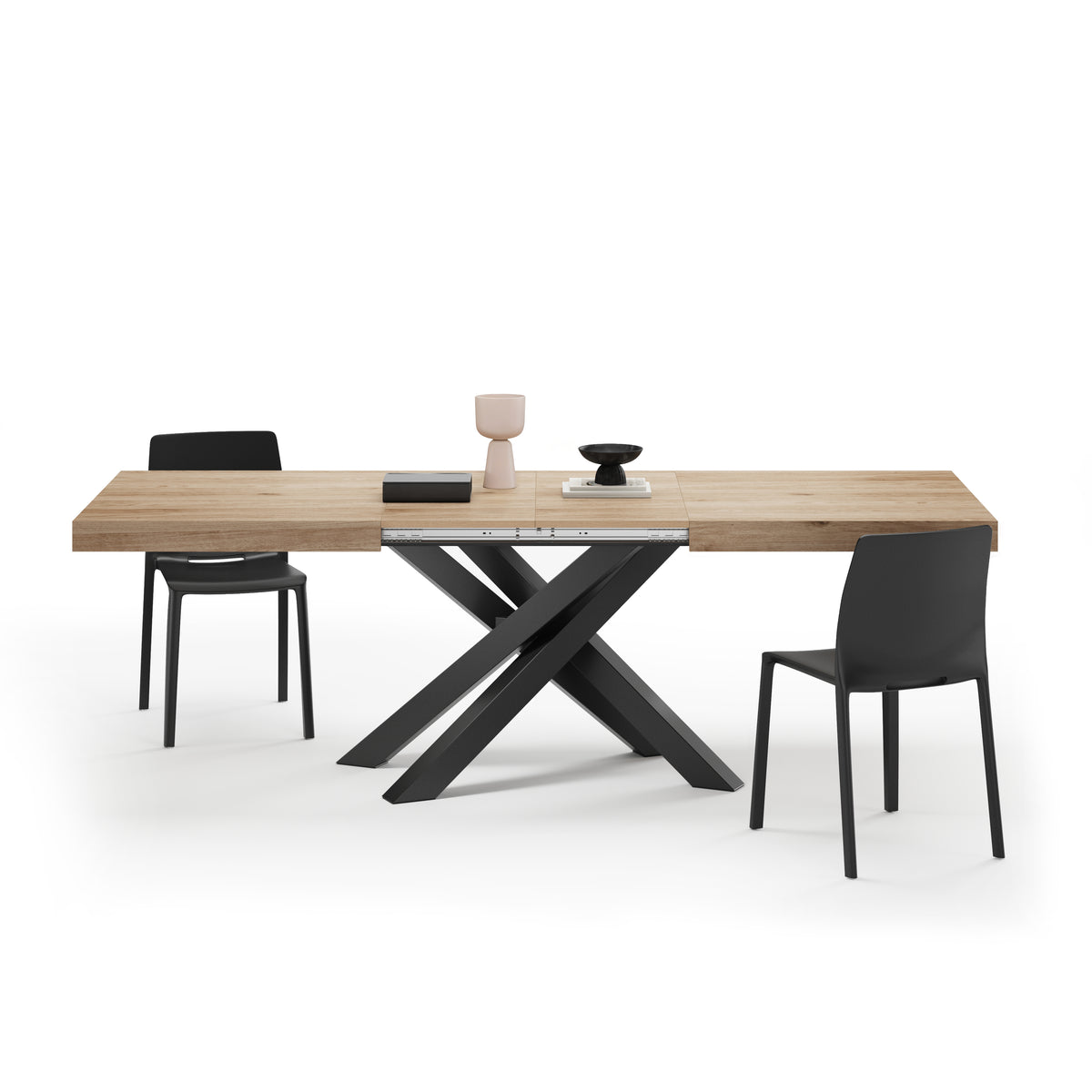 Emma 160(240)x90 cm Extendable Table, Light Oak with Black Crossed Legs
