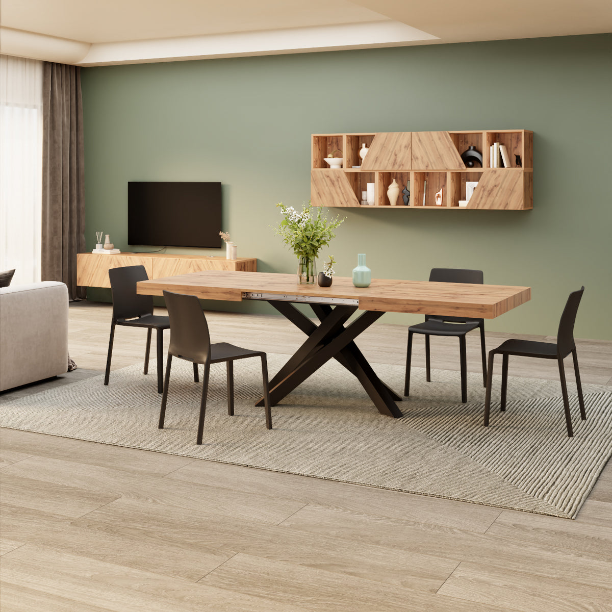 Table Extensible Emma 160(240)x90 cm, Bois rustique avec Pieds Croisés Noirs - Image d’ensemble 1