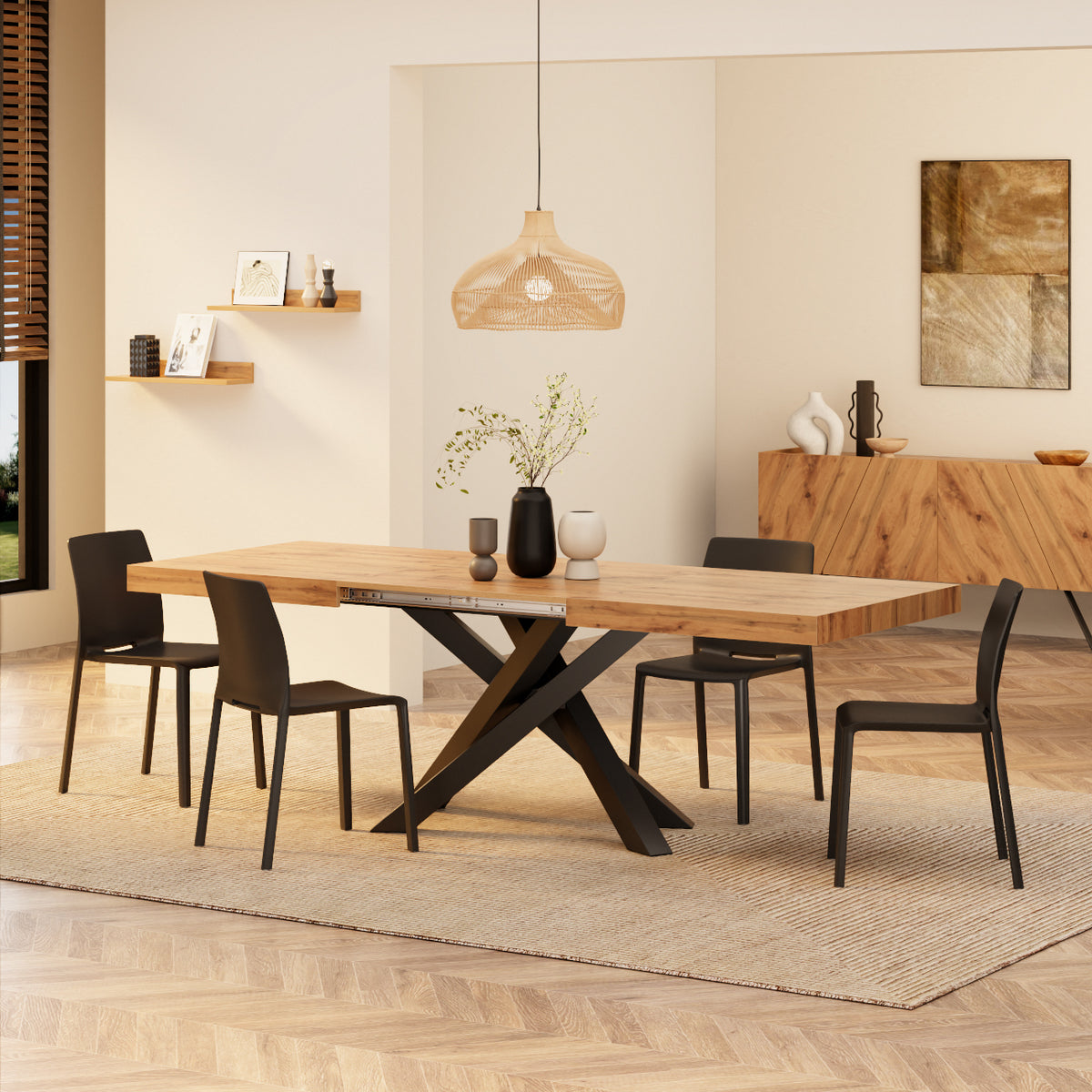 Table Extensible Emma 160(240)x90 cm, Bois rustique avec Pieds Croisés Noirs - Image d’ensemble 2