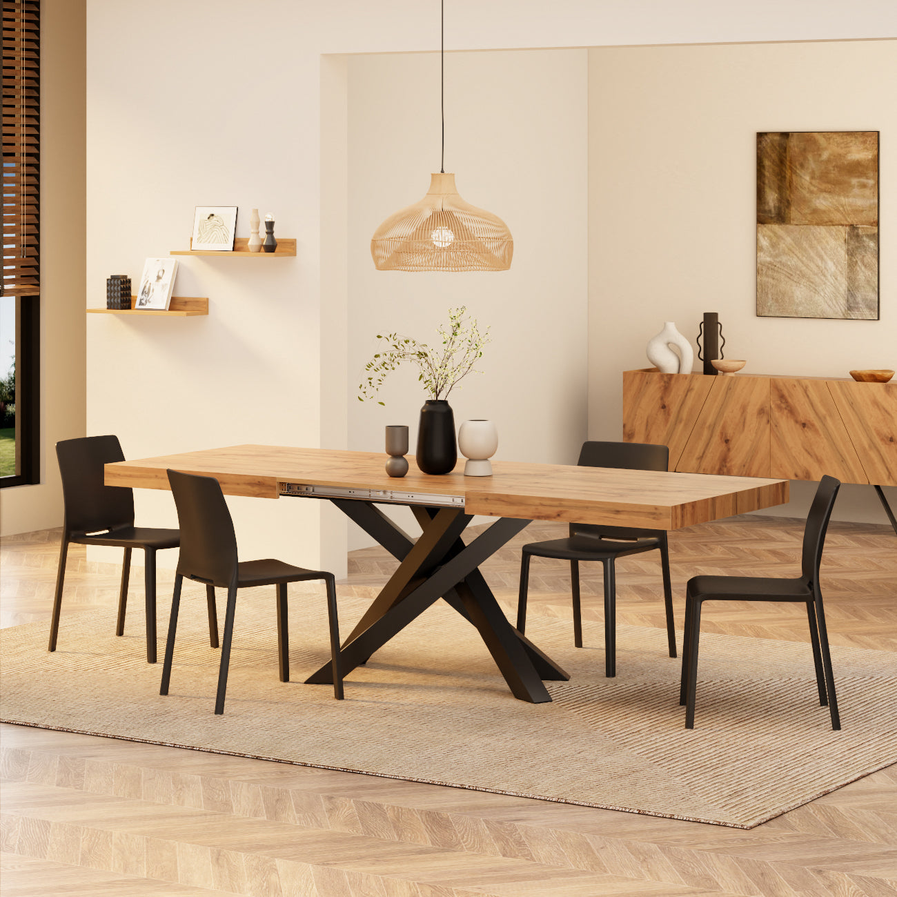 Tavolo Allungabile Emma 160(240)x90 cm, Rovere Rustico con Gambe Incrociate Nere - Immagine ambientata 2