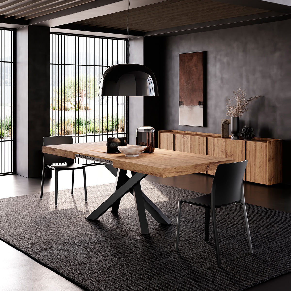 Table Extensible Emma 160(240)x90 cm, Bois rustique avec Pieds Croisés Noirs - Image d’ensemble 4