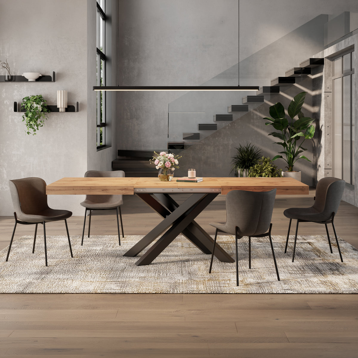 Table Extensible Emma 160(240)x90 cm, Bois rustique avec Pieds Croisés Noirs - Image d’ensemble 10
