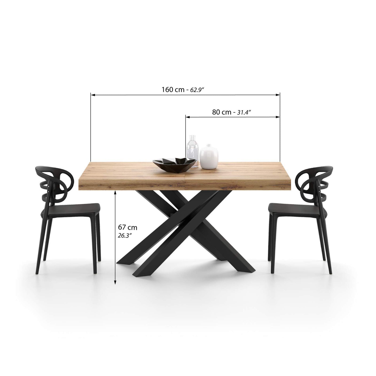 Table Extensible Emma 160(240)x90 cm, Bois rustique avec Pieds Croisés Noirs - Immagine tecnica 1