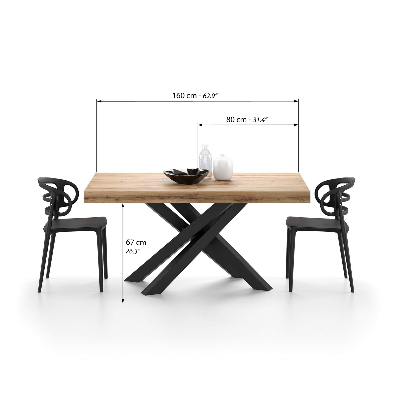 Emma 160(240)x90 cm Extendable Table, Rustic Oak with Black Crossed Legs - Immagine tecnica 1