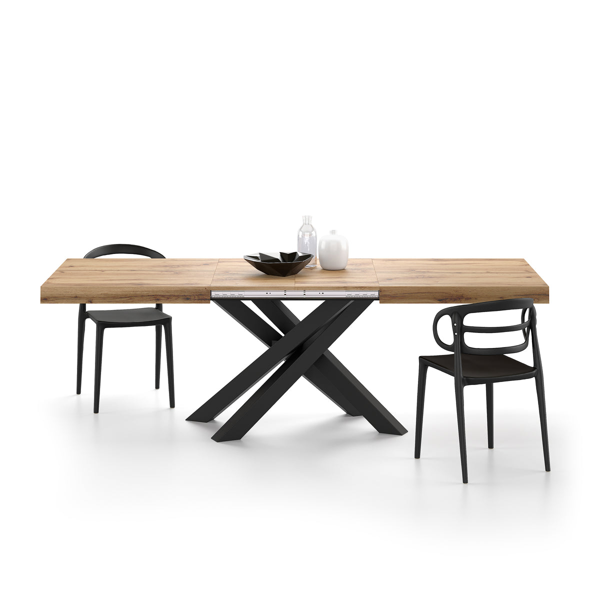 Emma 160(240)x90 cm uitschuifbare tafel, rustiek eiken met zwarte kruispoten