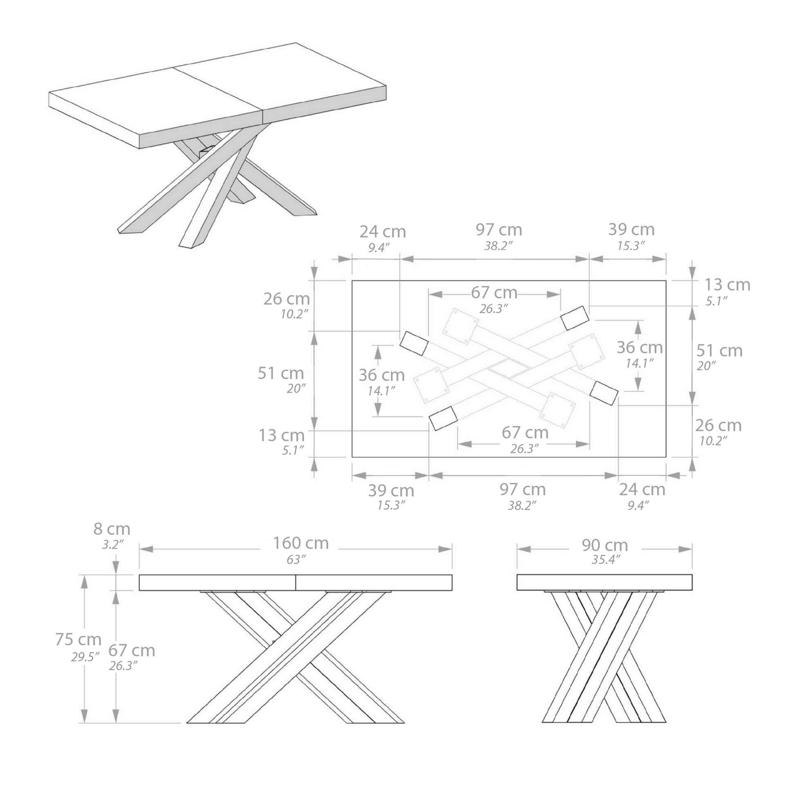 Emma 160(240)x90 cm Extendable Table, Concrete Effect, Grey with White Crossed Legs - Immagine tecnica 3