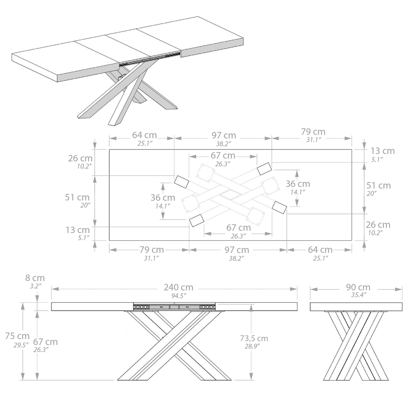 Emma 160(240)x90 cm Extendable Table, Rustic Oak with White Crossed Legs - Immagine tecnica 4