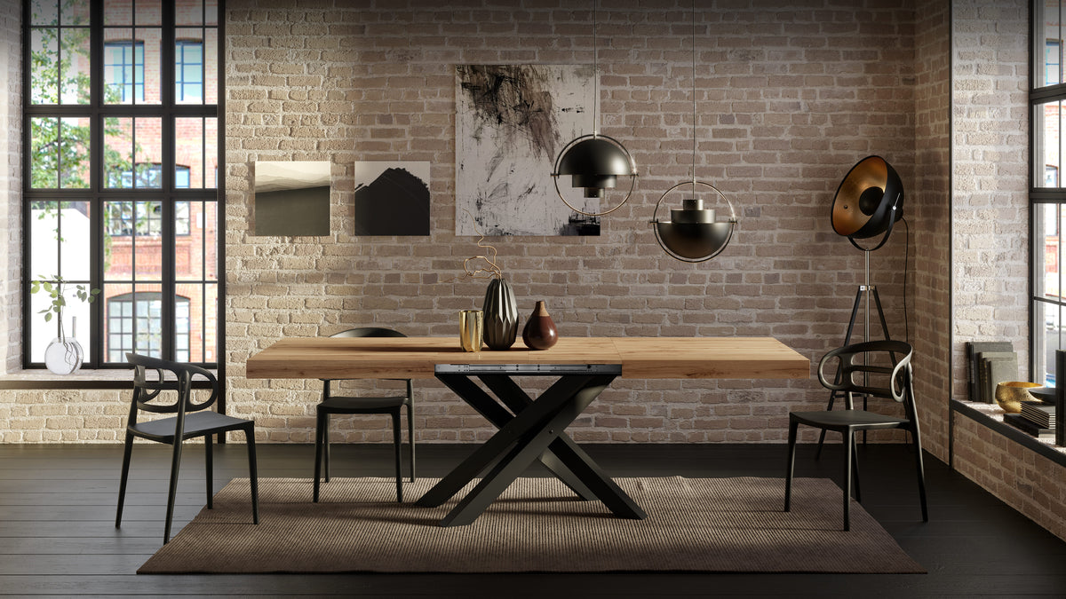 Table Extensible Emma 160(240)x90 cm, Bois rustique avec Pieds Croisés Noirs - Image d’ensemble 7