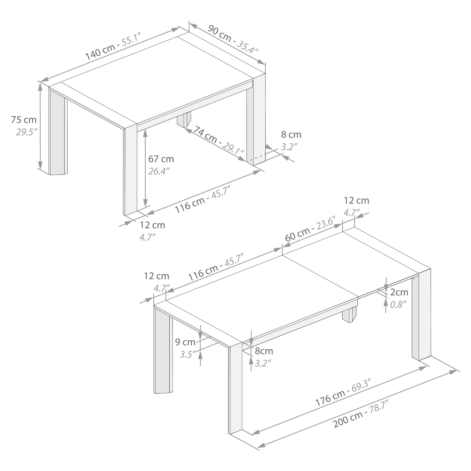 Extendable Table, Giuditta, Concrete Effect, Grey - Immagine tecnica 1
