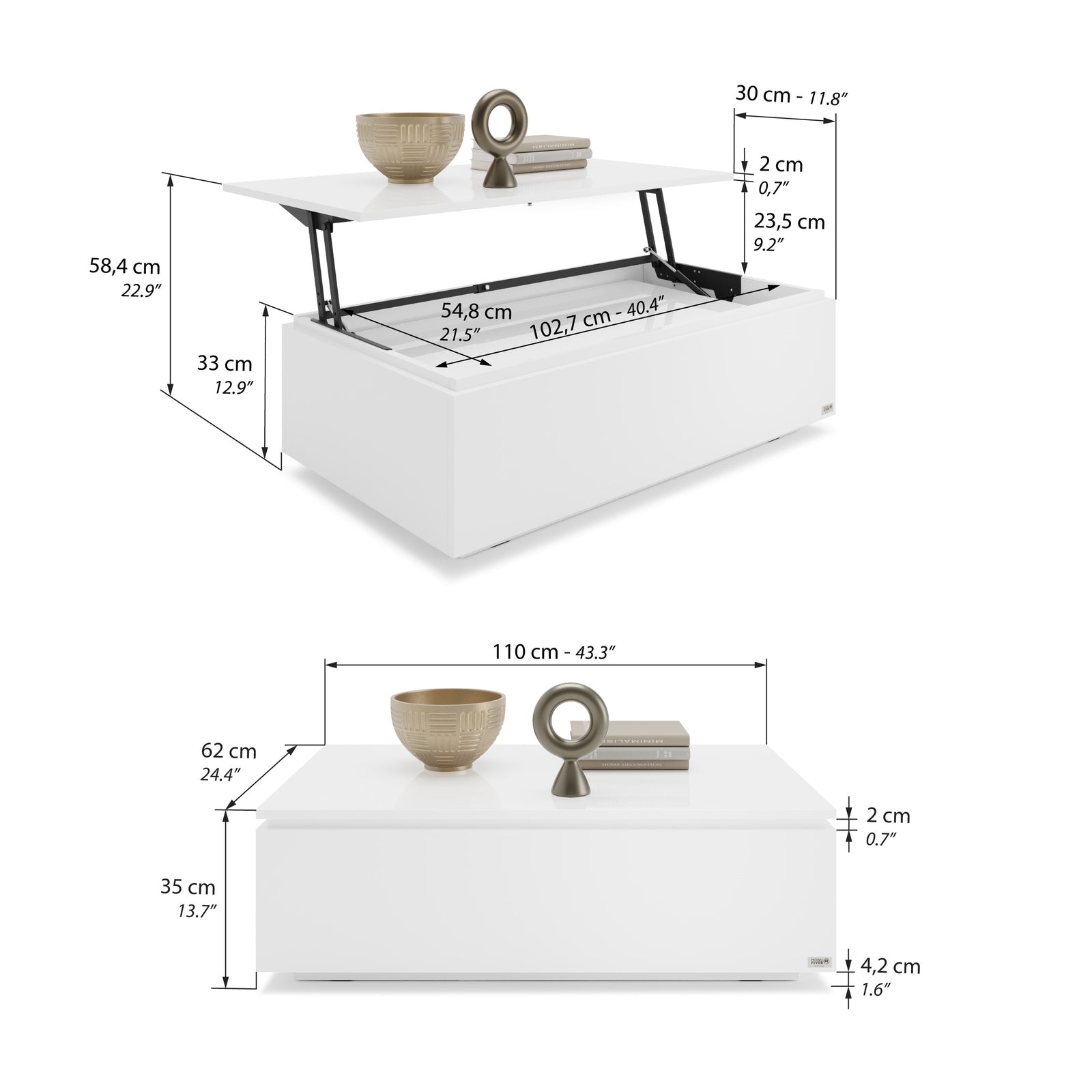 Couchtisch mit Stauraum, X, Glänzend Weiss - Immagine tecnica 1