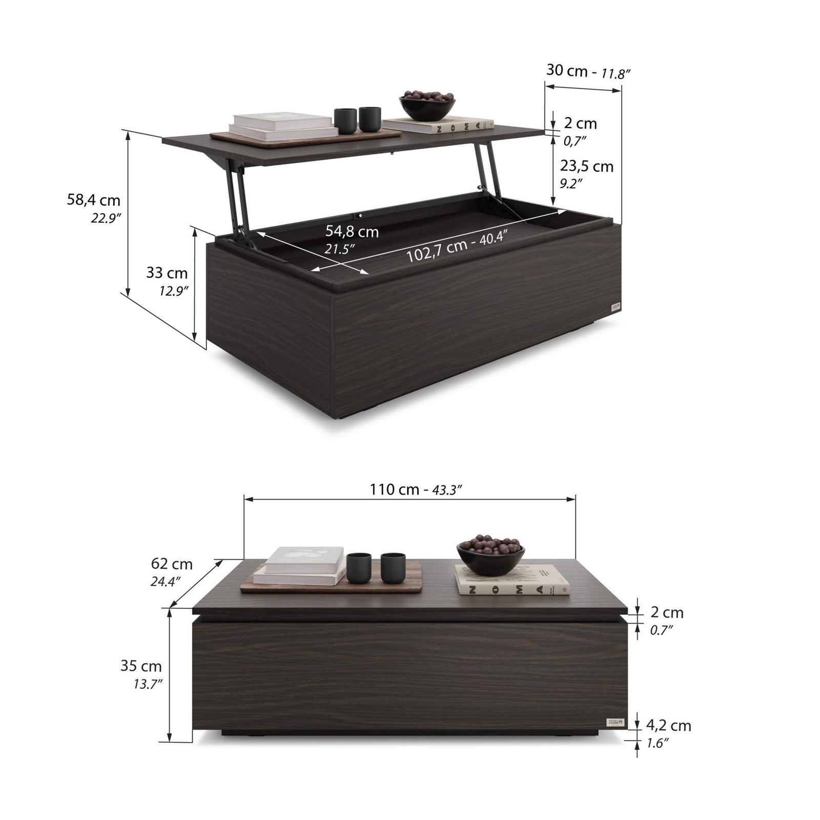 Coffee table with storage X, Dark Walnut - Immagine tecnica 1