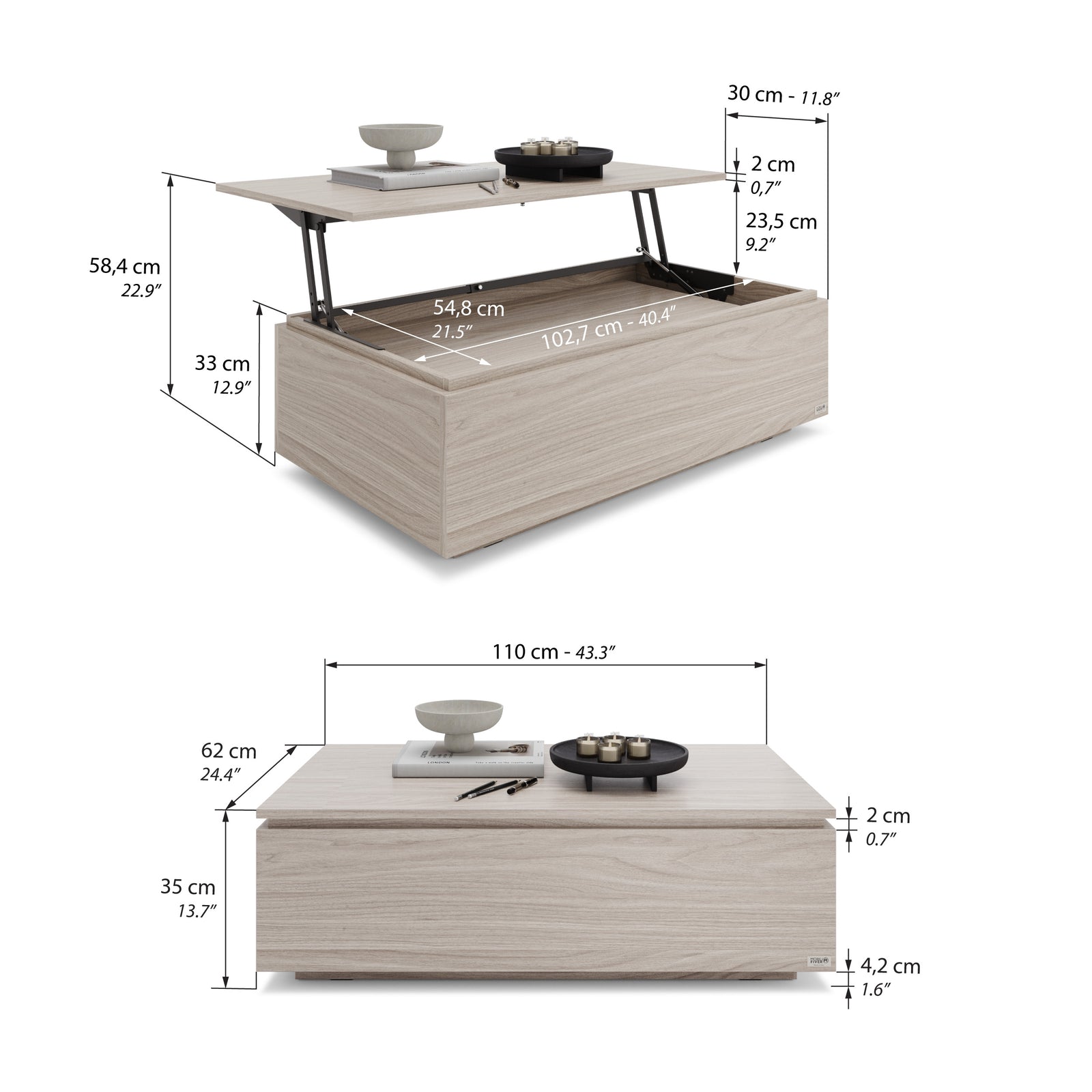 Coffee table with storage X, Pearled Elm - Immagine tecnica 1