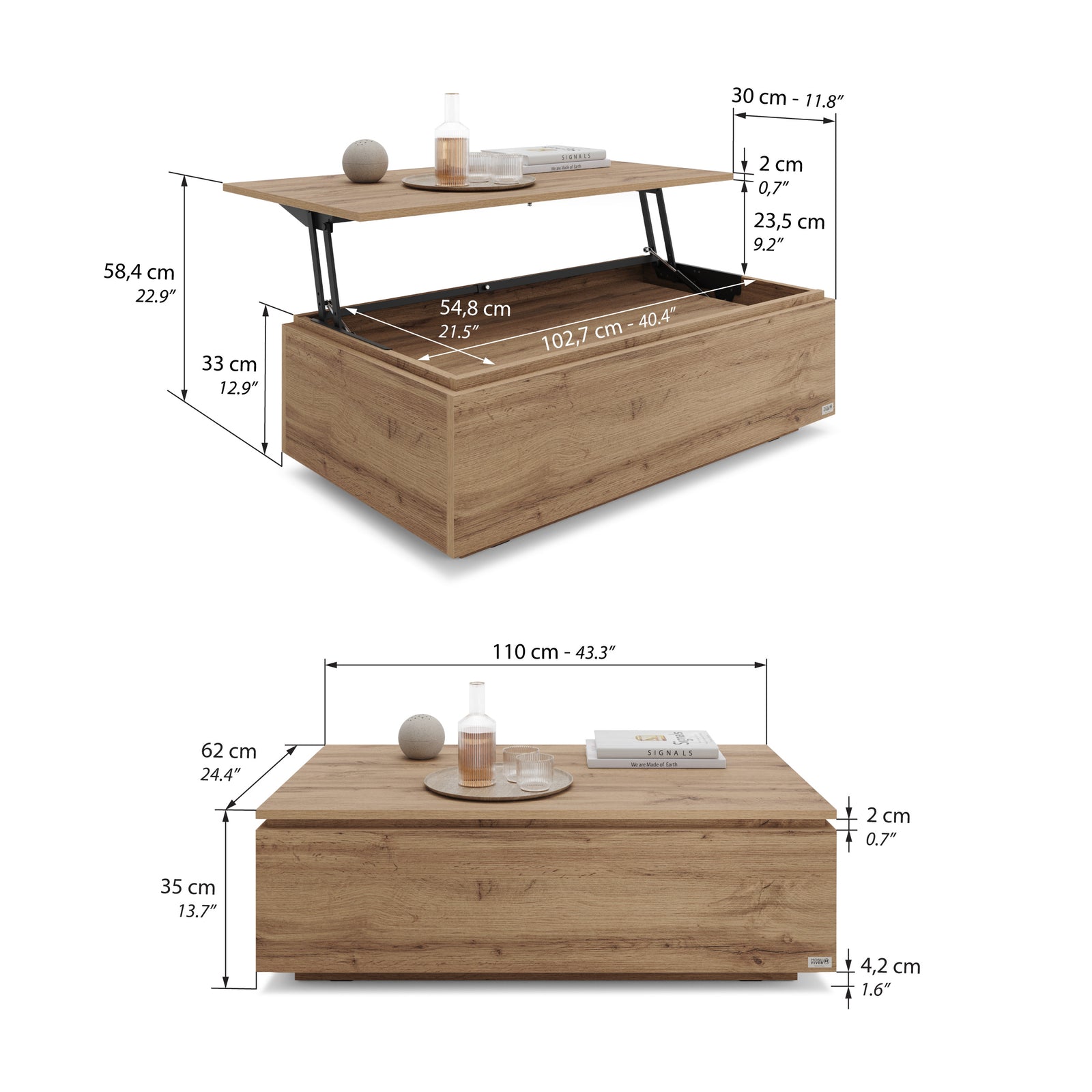Coffee table with storage X, Rustic Oak - Immagine tecnica 1