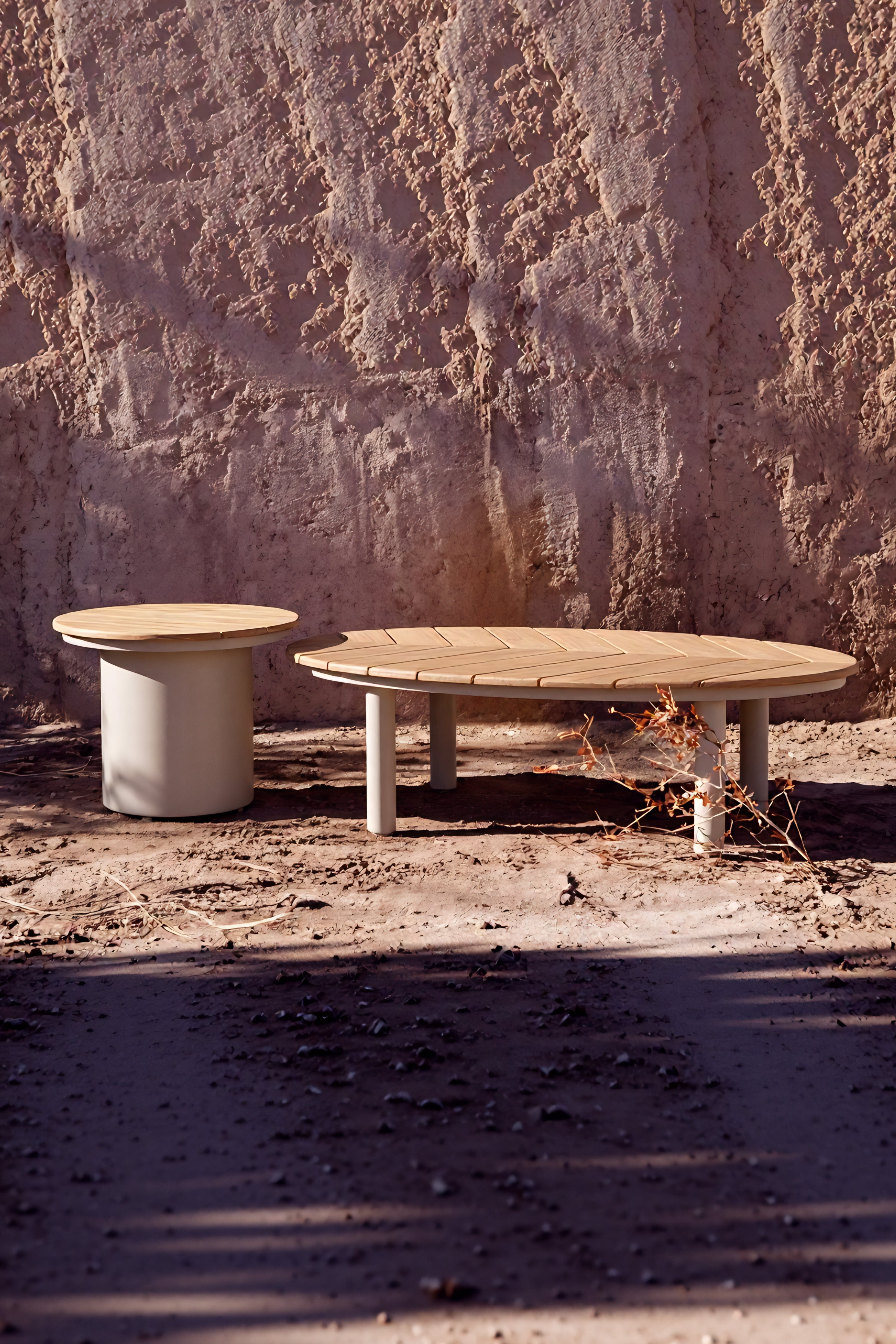 Set 2 tavolini da esterno Arya, Ø50 cm + 110x69 cm, beige e teak - Immagine dettaglio 3