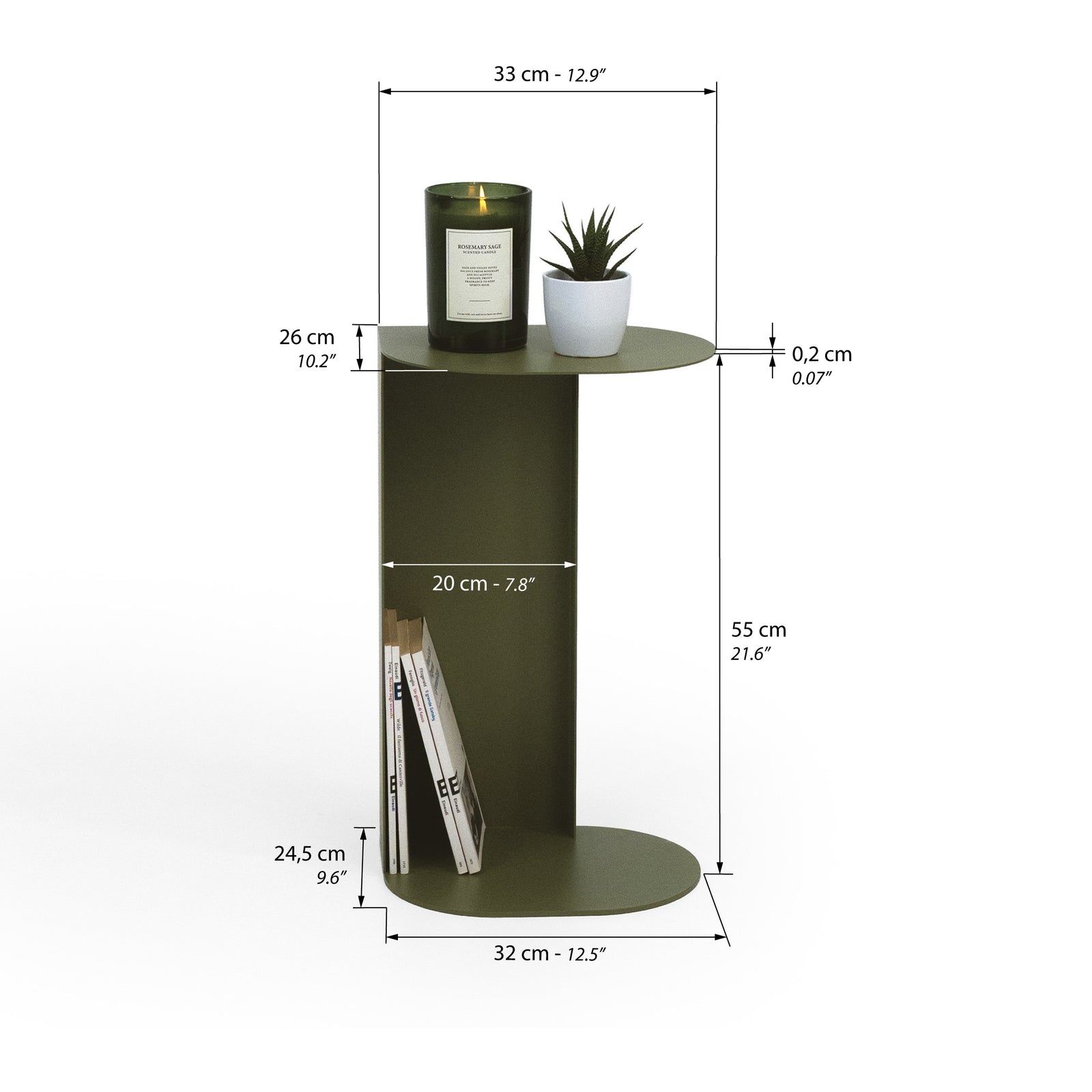 Camilla metalen bijzettafel, 31x24x55 cm, Olijfgroen - Immagine tecnica 1