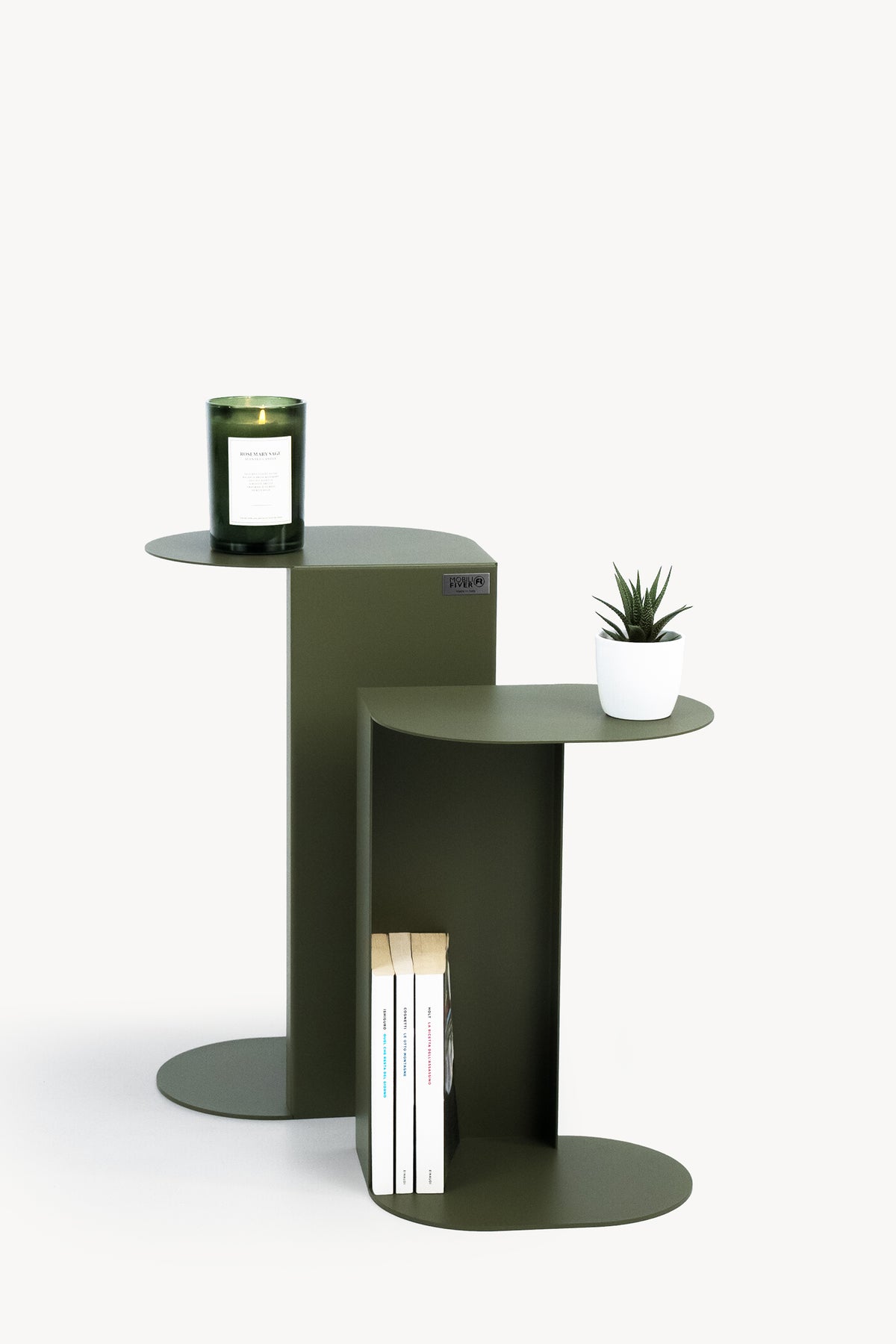 Set of 2 Camilla Metal Side Tables, h45 and h55, Olive Green