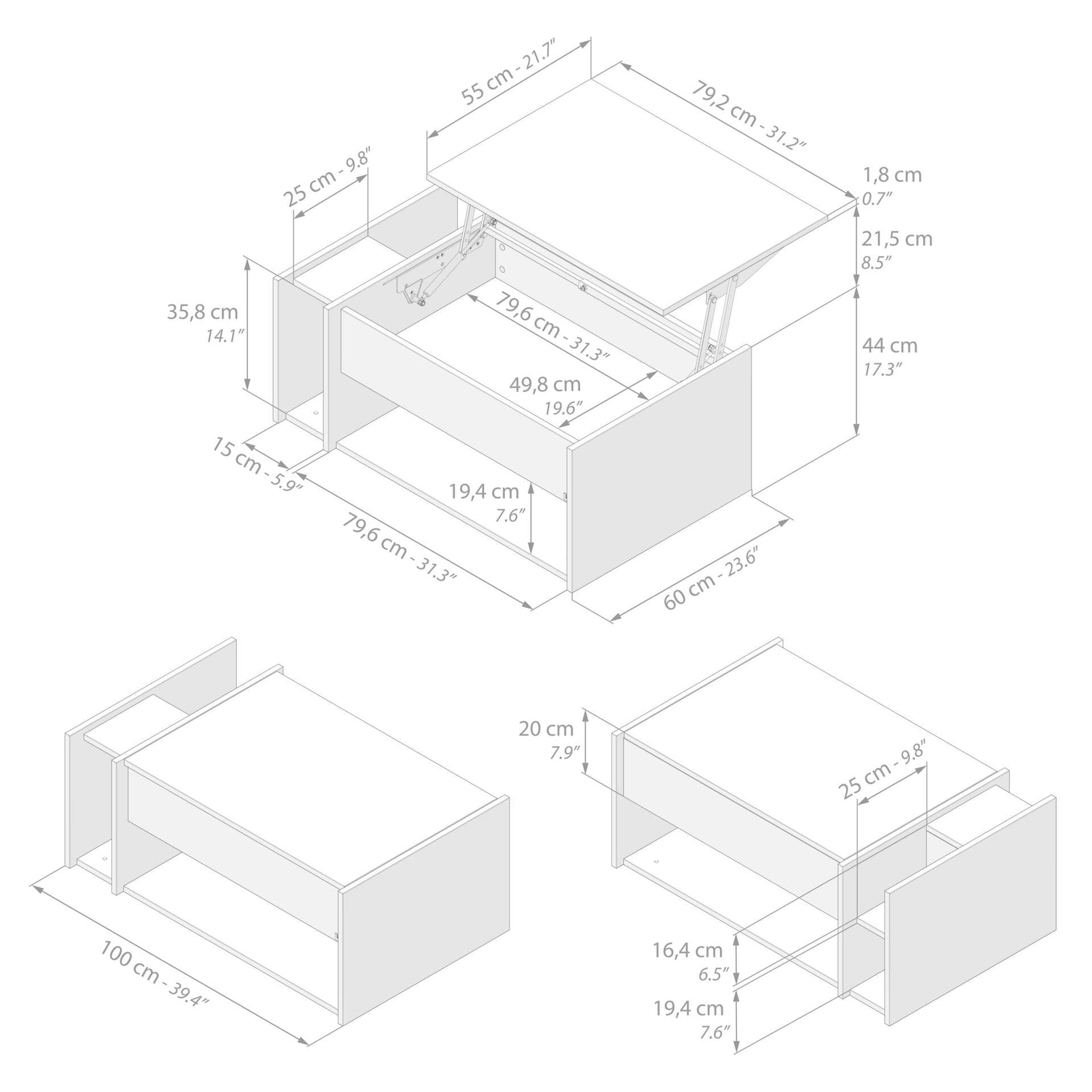 Table Basse Relevable Romina, Bois Rustique - Immagine tecnica 1