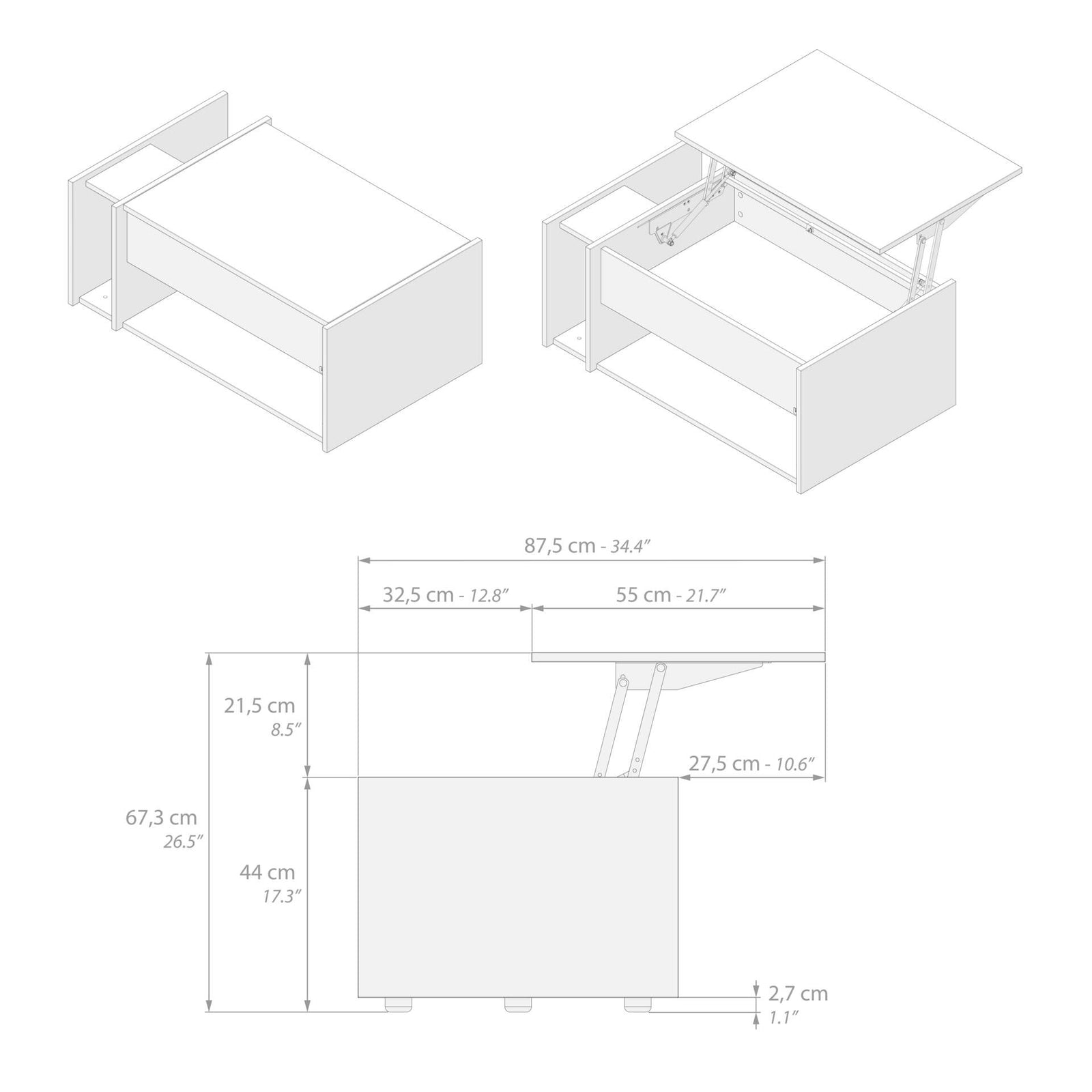 Table Basse Relevable Romina, Bois Rustique - Immagine tecnica 2