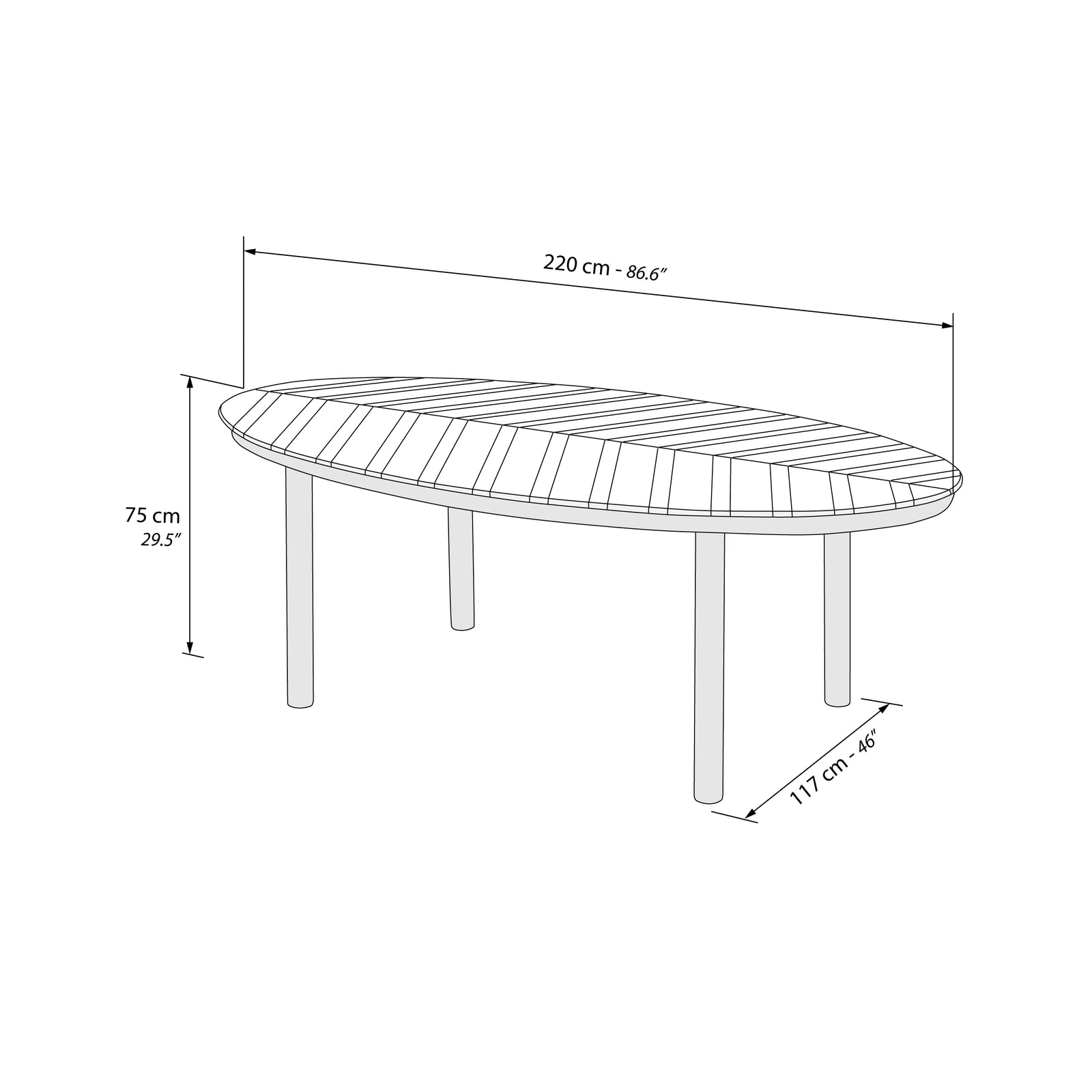 Oval Outdoor Table in Teak Wood and Aluminium, Arya, 220x117 cm - Immagine tecnica 1
