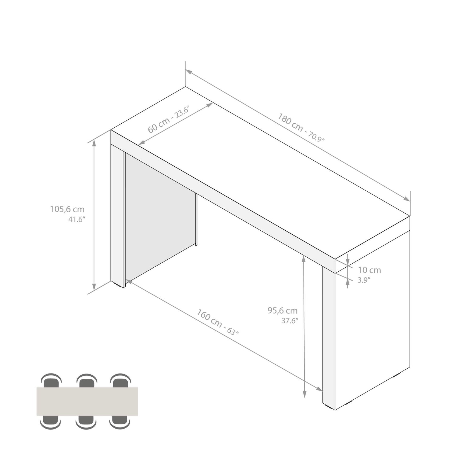 Evolution Hohe Tisch 180x60, Esche, Schwarz - Immagine tecnica 1