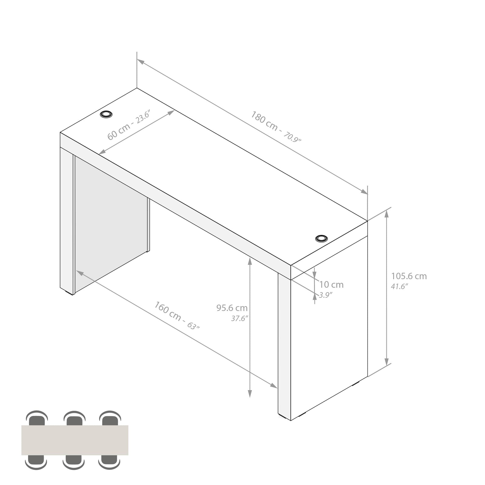 Tavolo Alto Evolution 180x60, Grigio Cemento con Due Gambe e Caricatore Wireless - Immagine tecnica 1