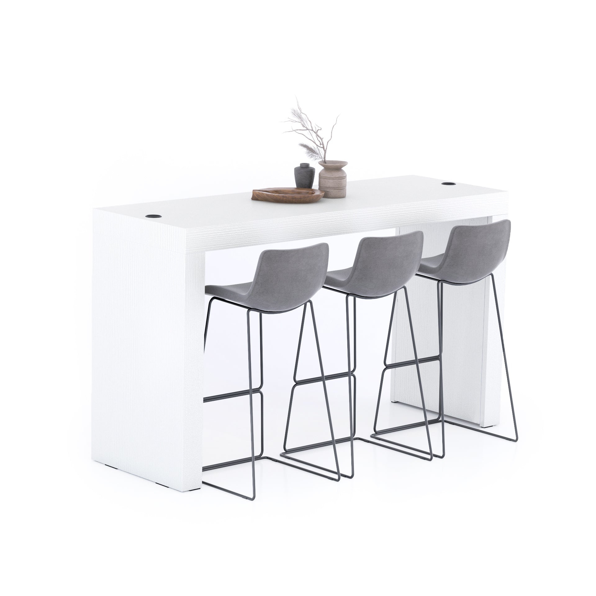 Evolution Hohe Tisch 180x60, Esche, Weiß, mit zwei Beinen und kabellosem Ladegerät