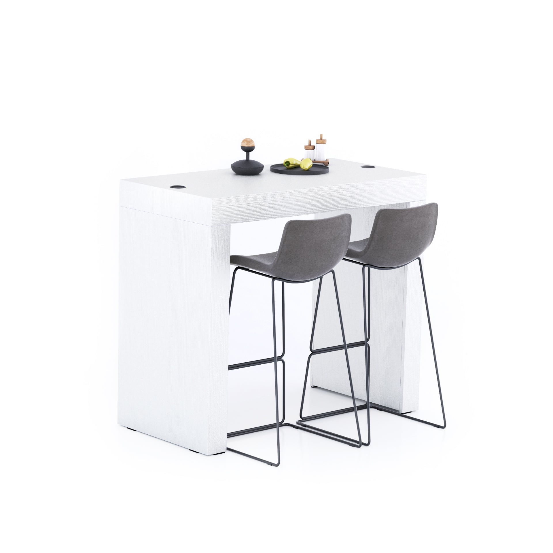 Mesa alta Evolution 120x60, fresno blanco con dos patas y cargador inalámbrico - Main image