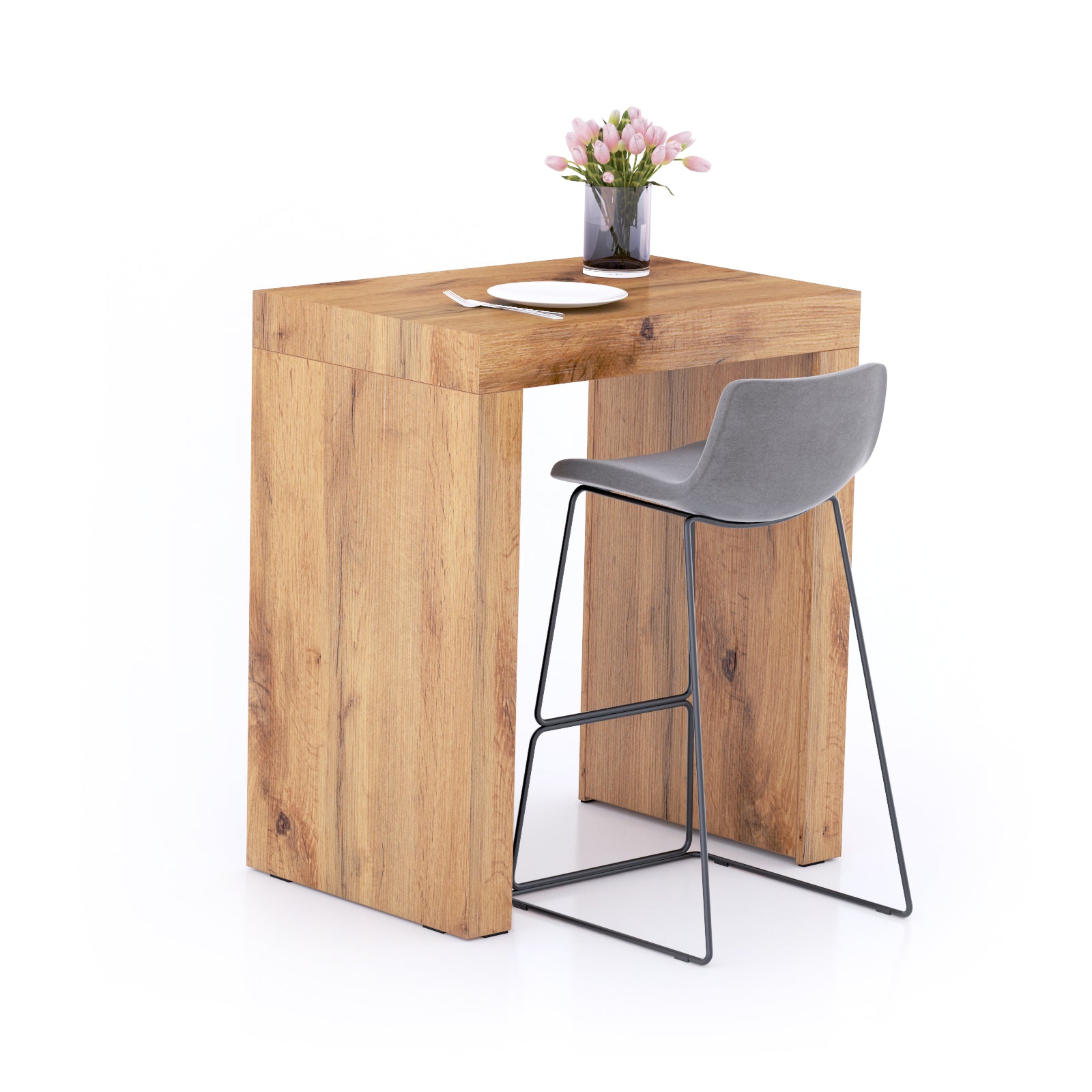Table Haute Evolution 90x60, Bois Rustique avec 2 pieds