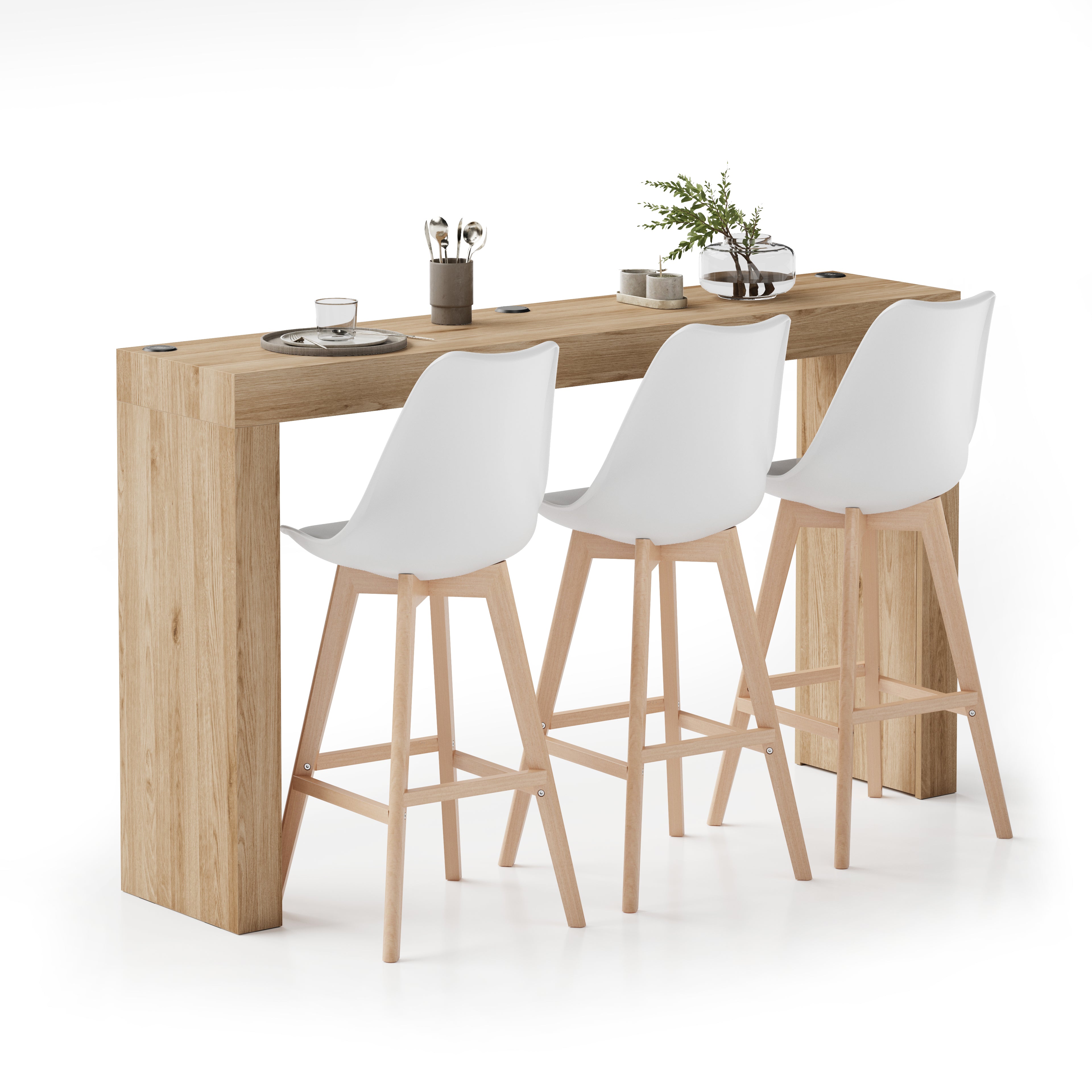Masă Înaltă Evolution 180x40, Stejar Natural cu Două Picioare și Încărcător Wireless - Main image
