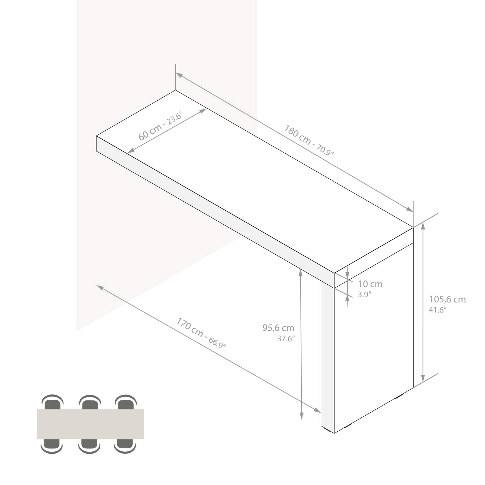 Péninsule de Cuisine Evolution 180x60, Gris Béton - Immagine tecnica 1