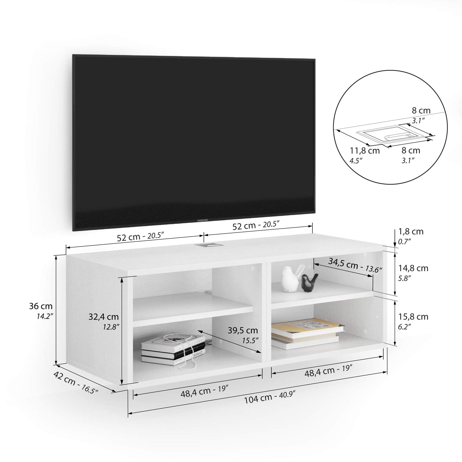 X Wall TV Unit without Door, Ashwood White - Immagine tecnica 1