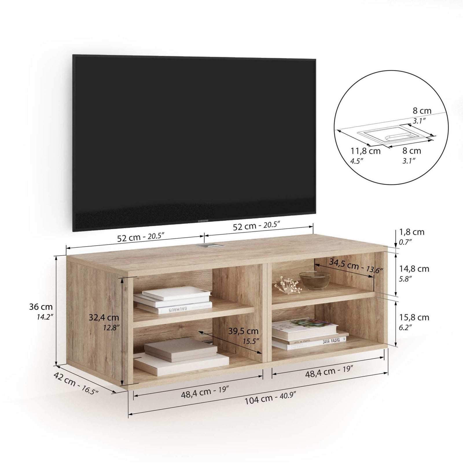 Porta Tv sospeso X Senza Anta, Quercia - Immagine tecnica 1