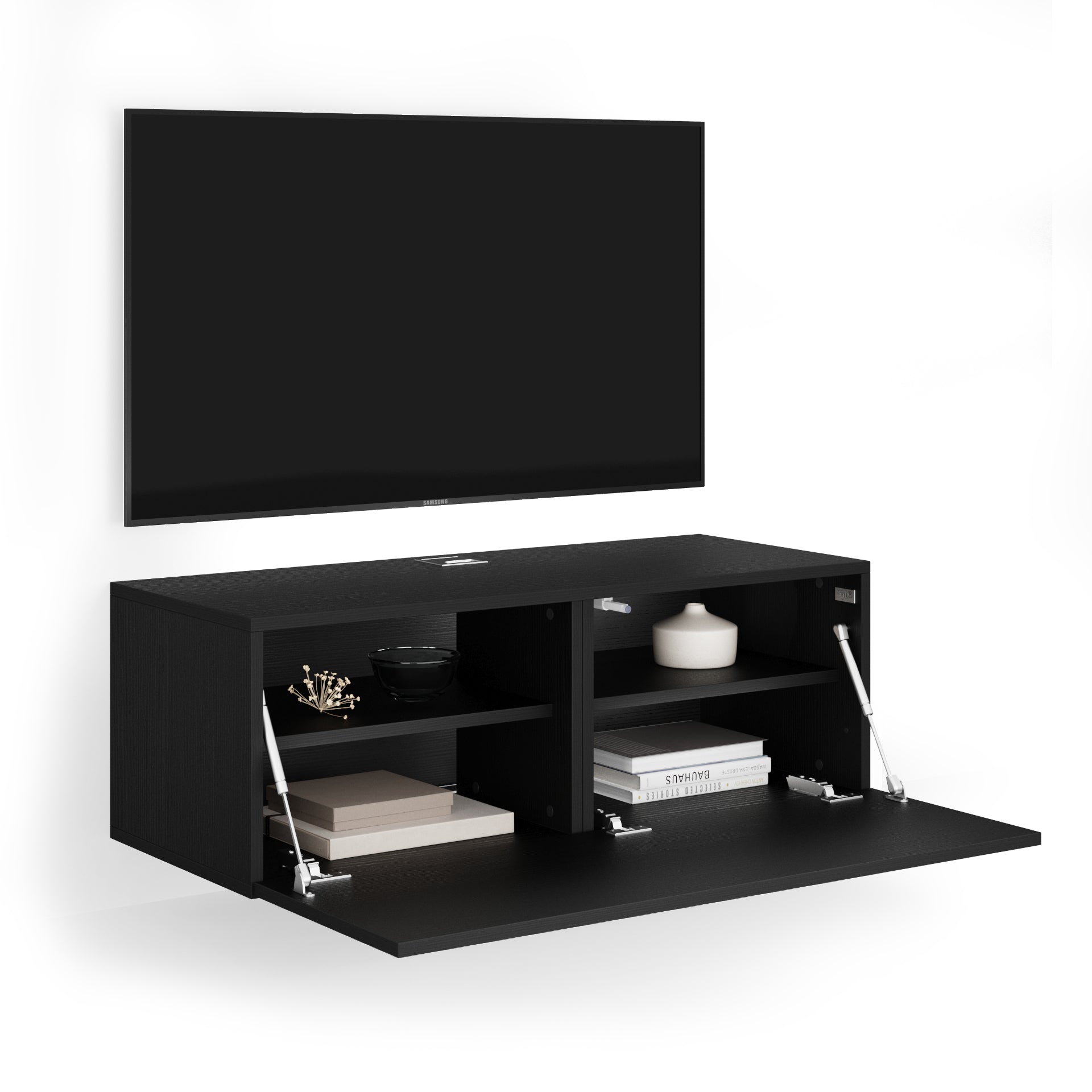 Porta Tv sospeso Easy Con Anta Ribalta, Nero Frassino