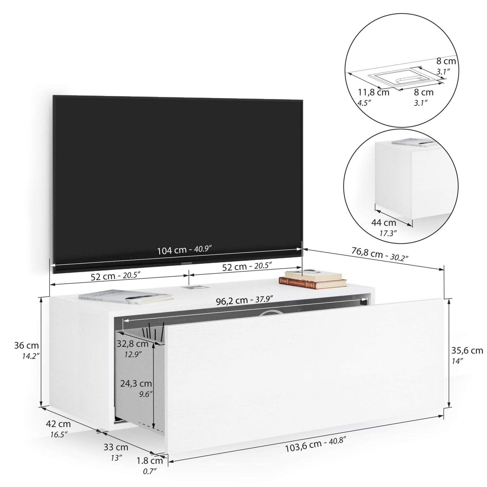 Easy Wall TV Unit with Drawer, Ashwood White - Immagine tecnica 1