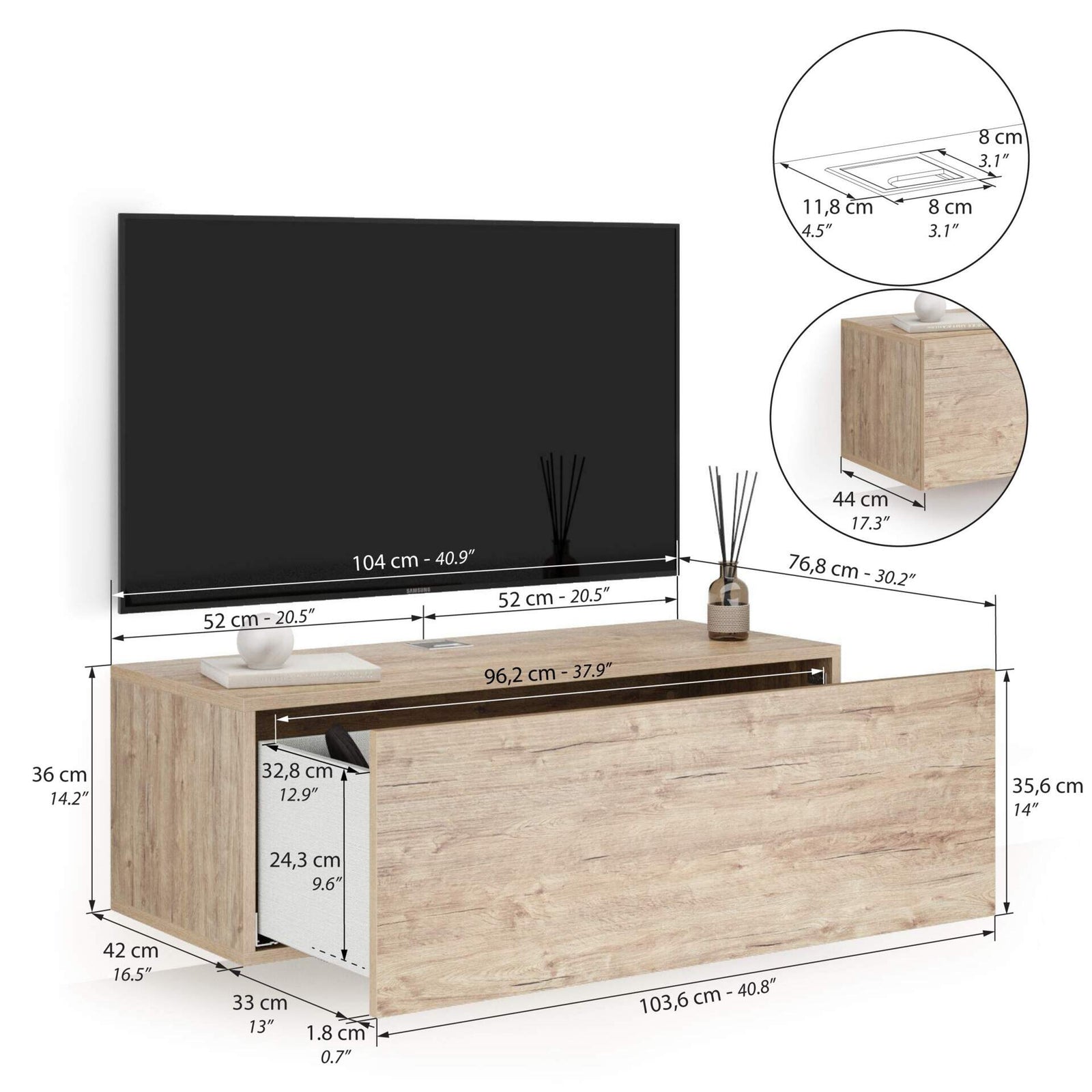 Easy Wall TV Unit with Drawer, Ashwood Oak - Immagine tecnica 1