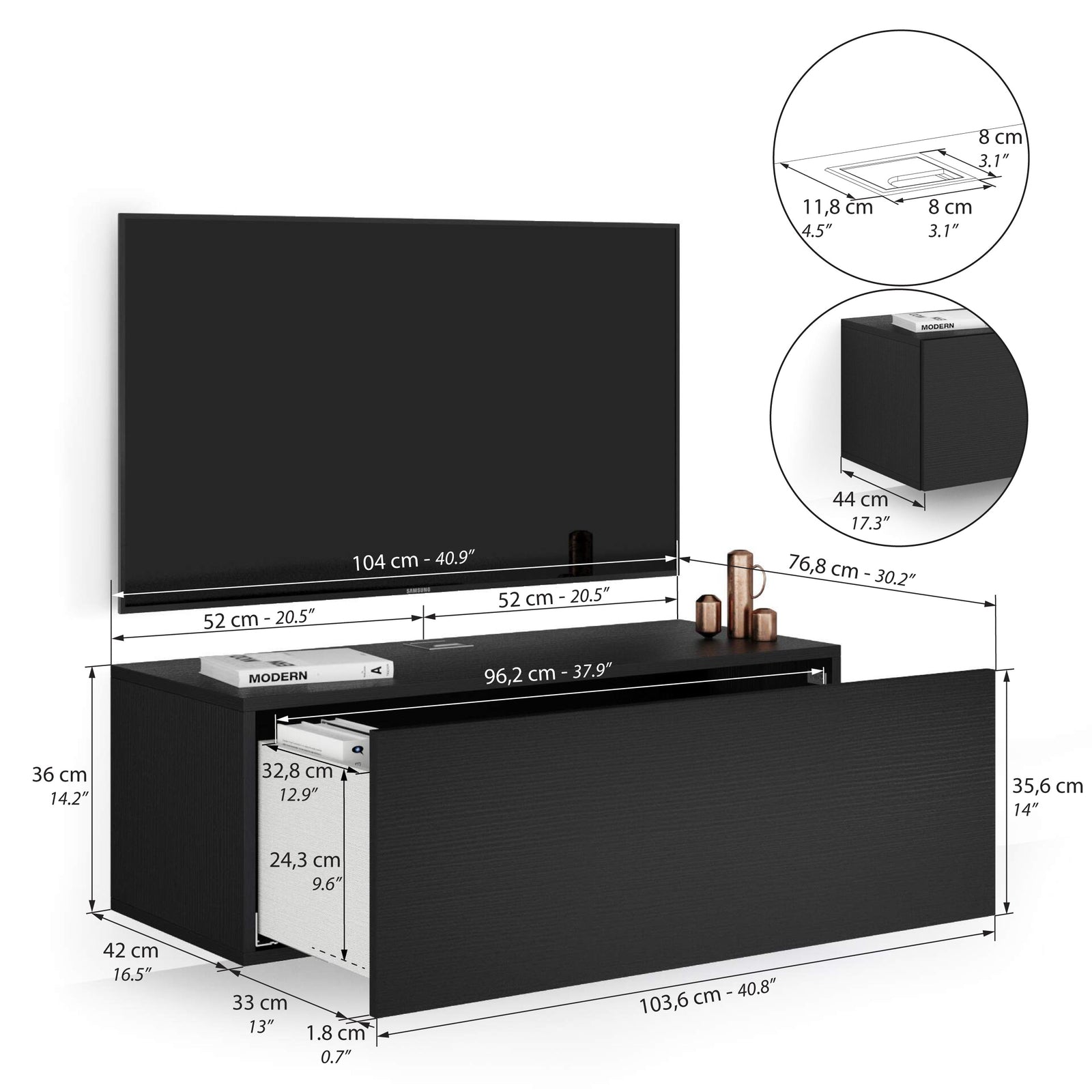 Suport TV suspendat Easy cu sertar, negru frasin - Immagine tecnica 3