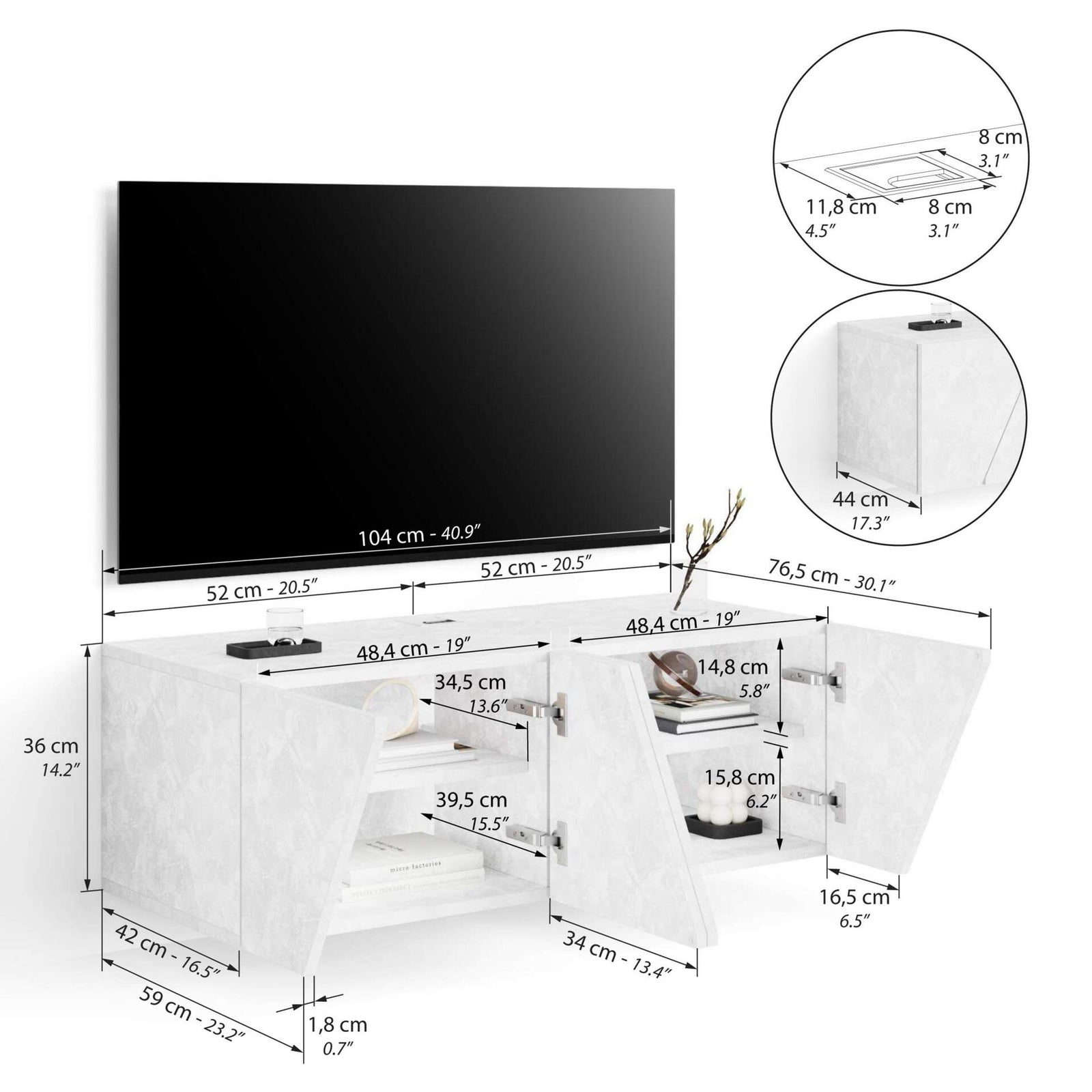 Emma Wall TV Unit with Door, Concrete Effect, White - Immagine tecnica 1