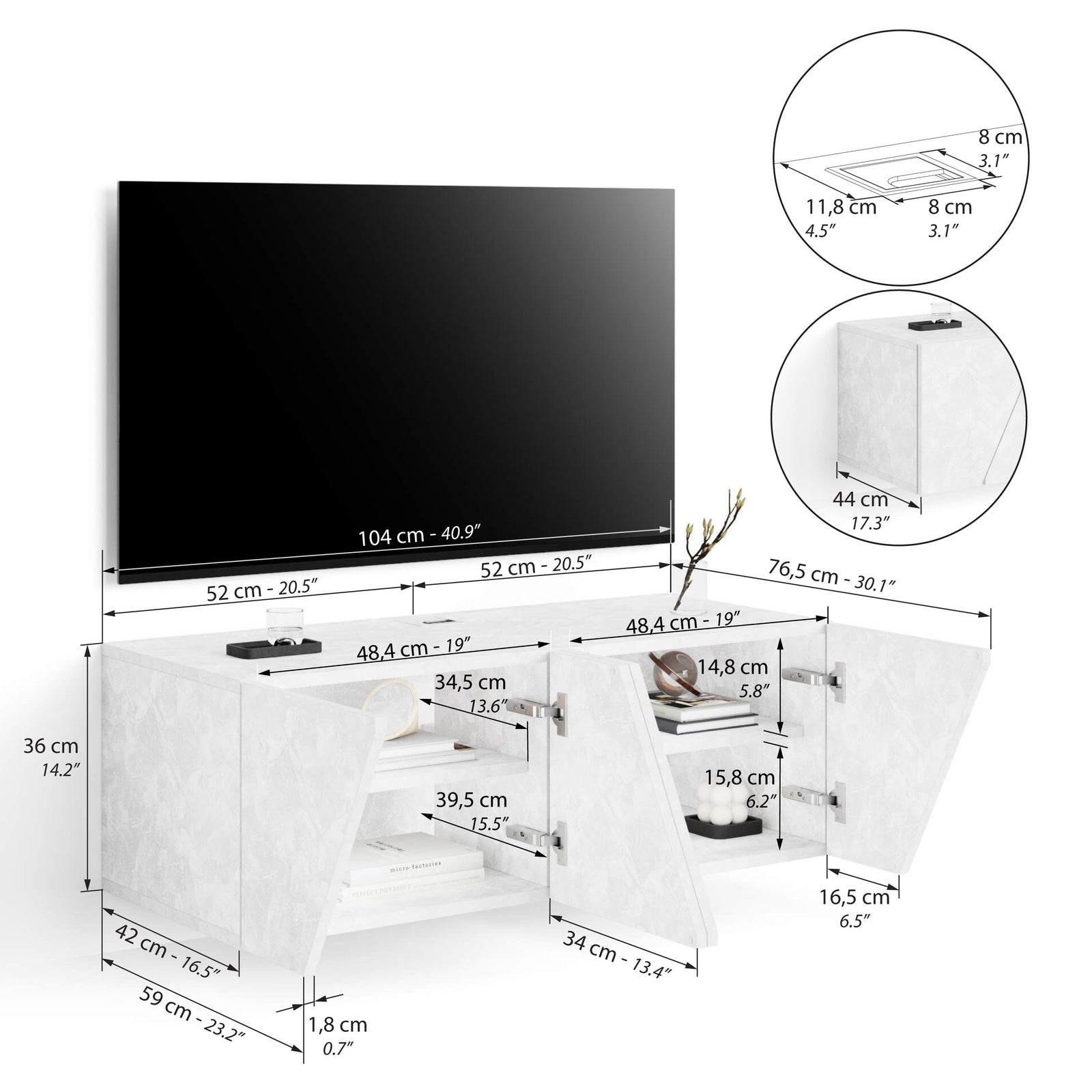 Meuble TV Mural Emma Avec Porte, Blanc Béton - Immagine tecnica 1
