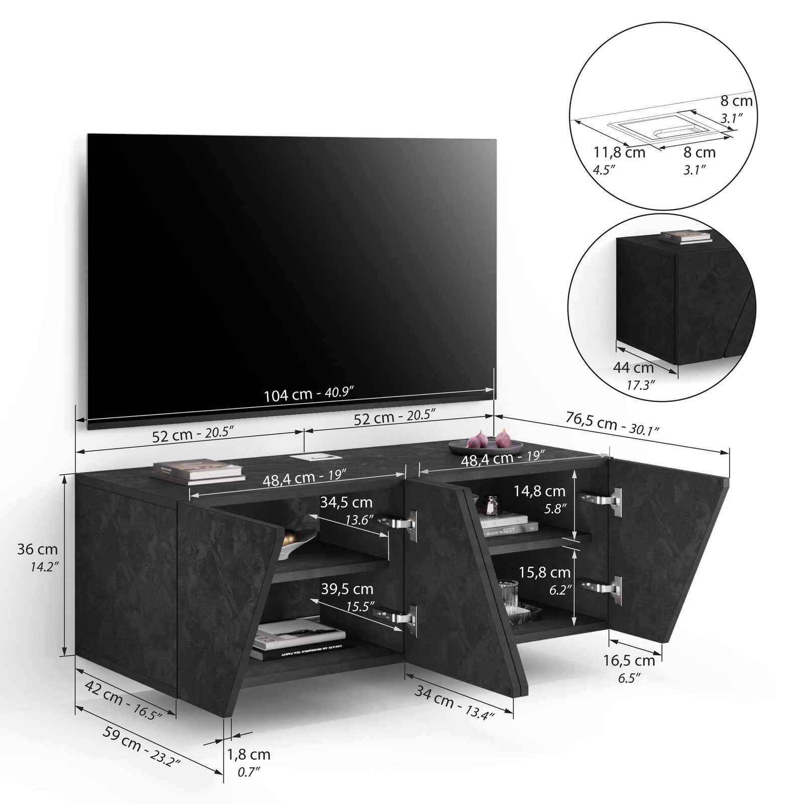 Móvel de TV suspenso Emma com porta, cimento preto - Immagine tecnica 1