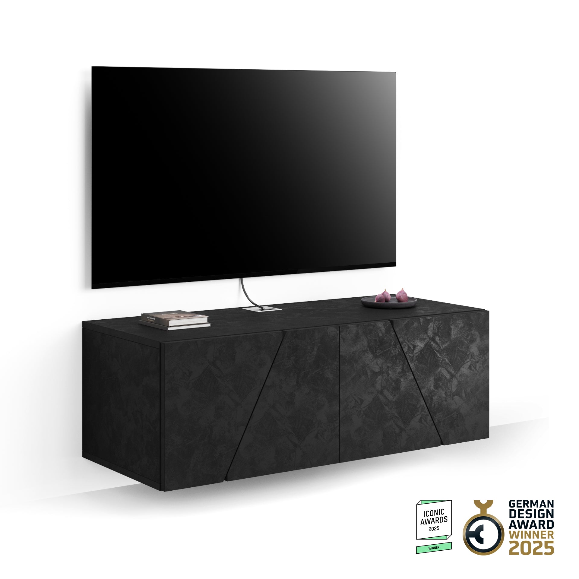 Mueble TV suspendido Emma con puerta abatible, color cemento negro