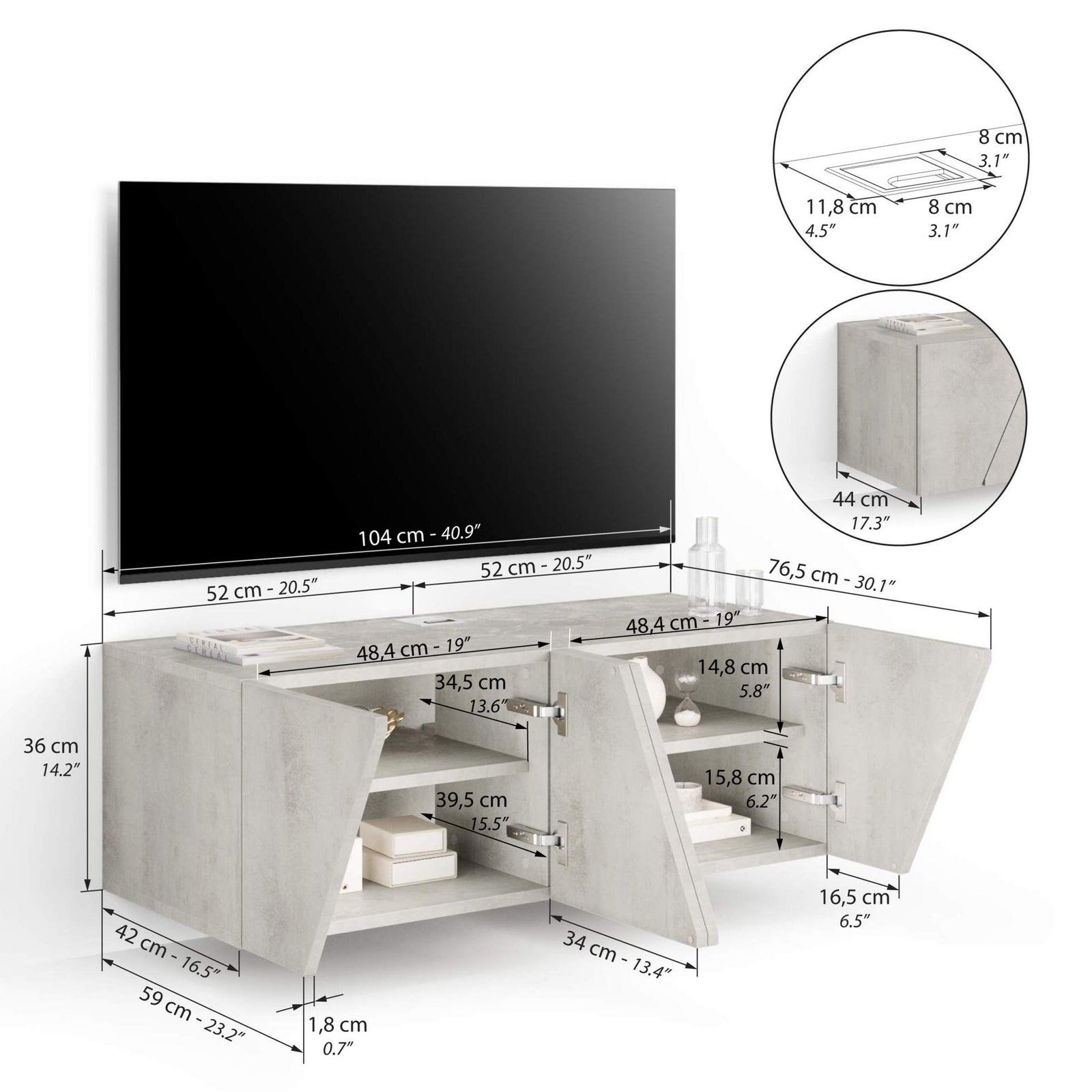 Emma Wall TV Unit with Door, Concrete Effect, Grey - Immagine tecnica 1