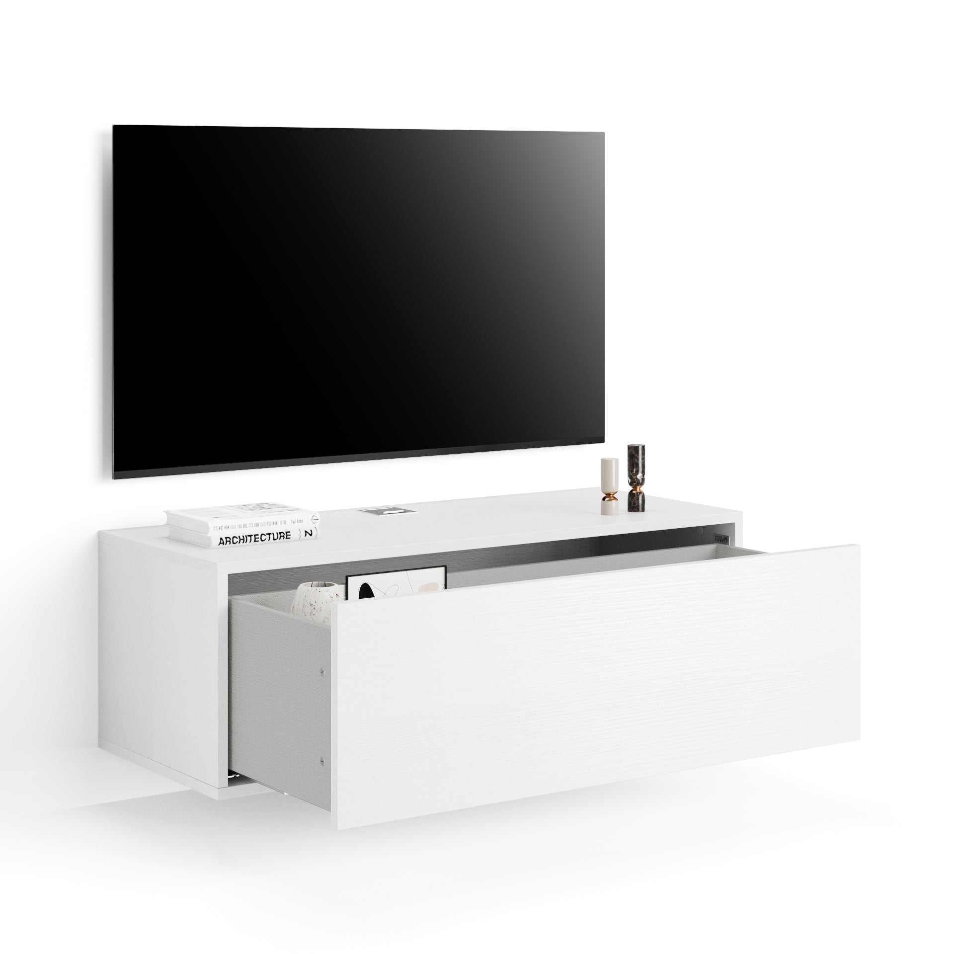 Porta Tv sospeso Iacopo Con Cassetto, Bianco Frassino - Immagine dettaglio 1