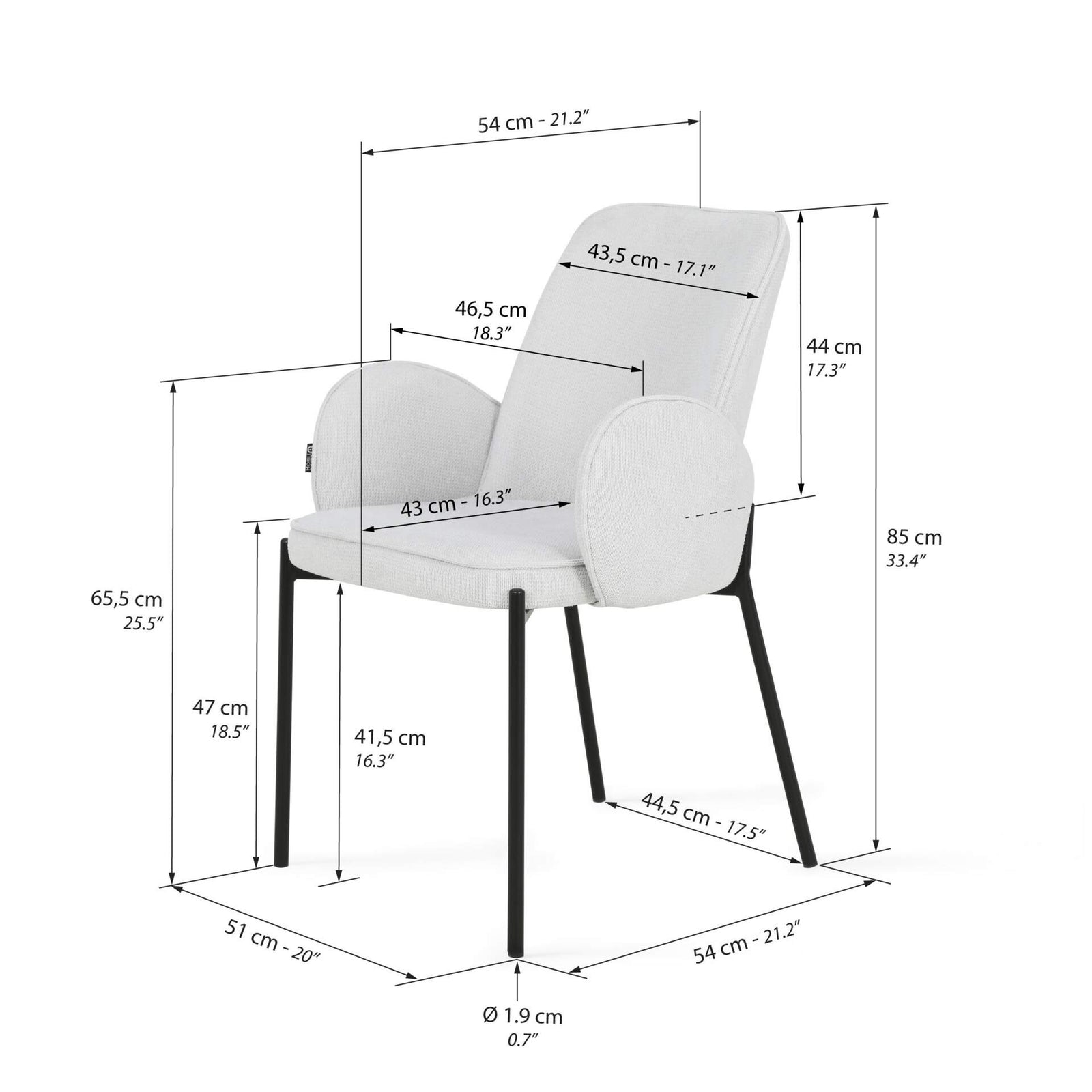 Agata Fabric Chairs, Set of 2, Ice White - Immagine tecnica 1