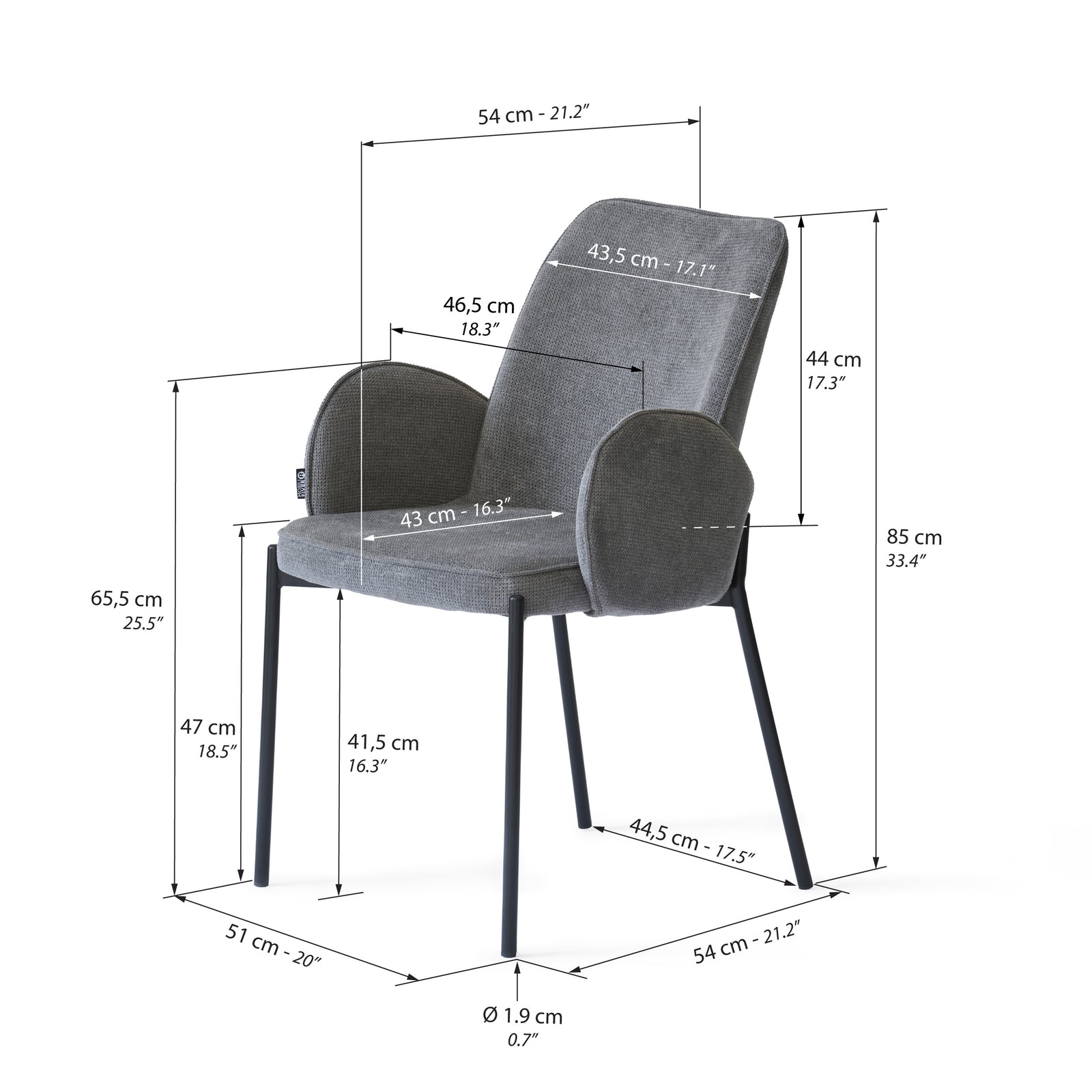 Agata stoffen Stoelen, Set van 2, Antraciet - Immagine tecnica 1