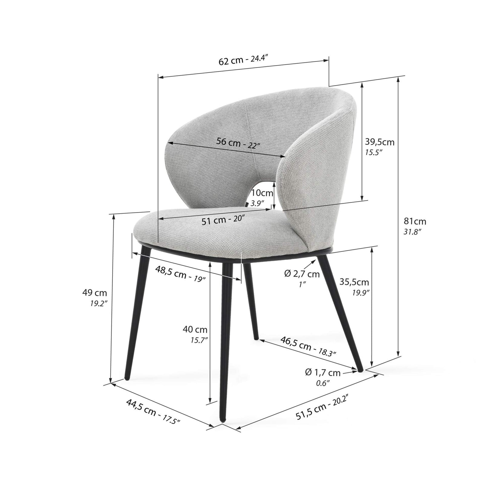 Alice Fabric Chairs, Set of 2, Ice Grey - Immagine tecnica 1